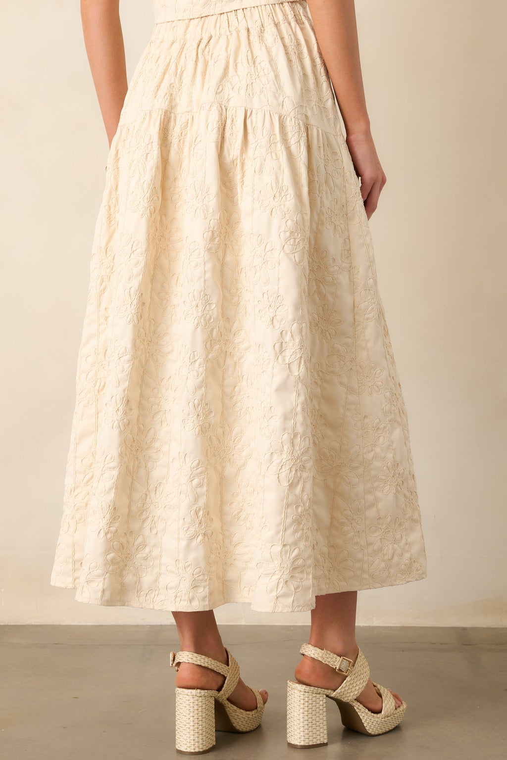 Evening Delights Beige Floral Embroidered Midi Skirt