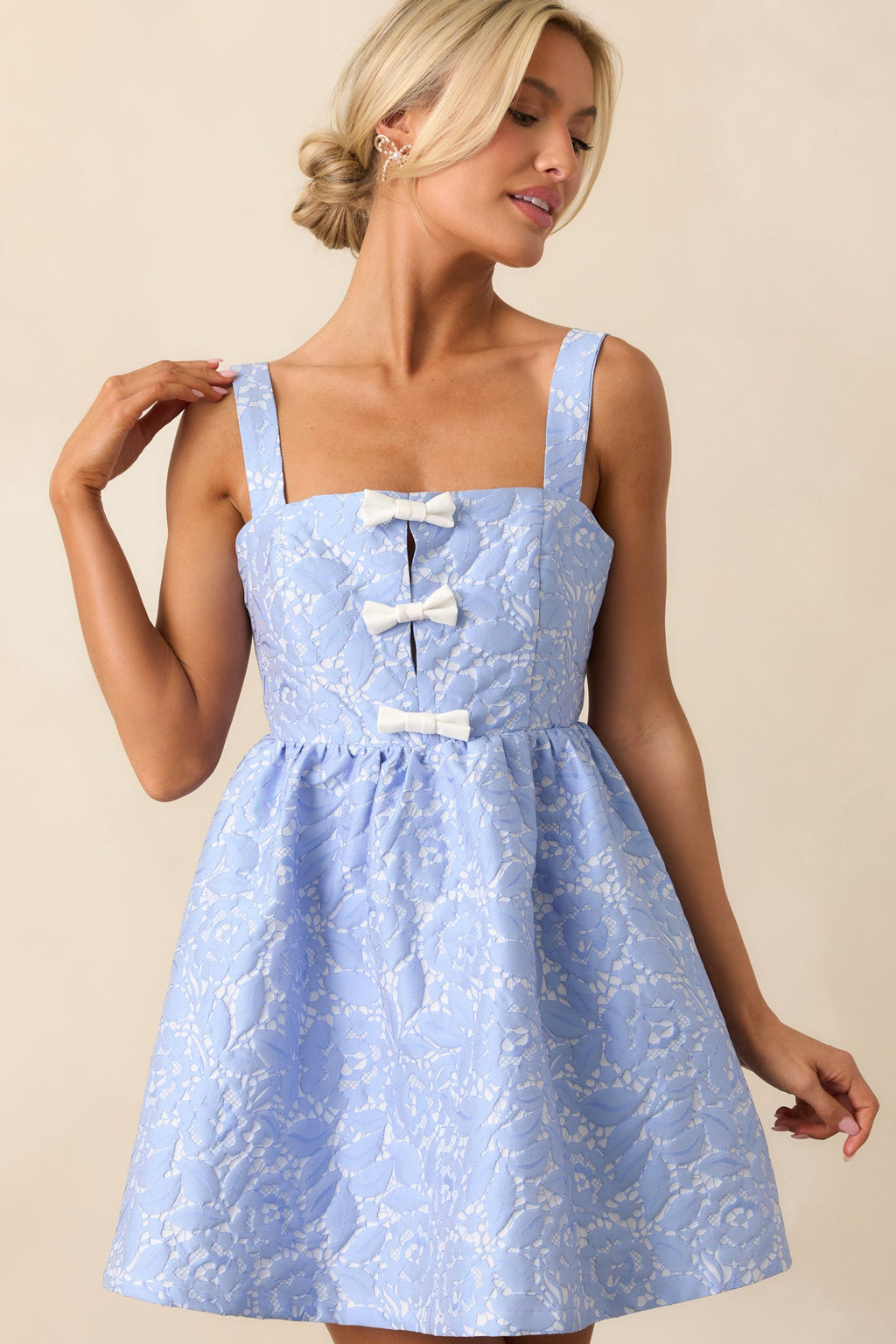 Dance With Destiny Light Blue Floral Jacquard Bow Front Mini Dress