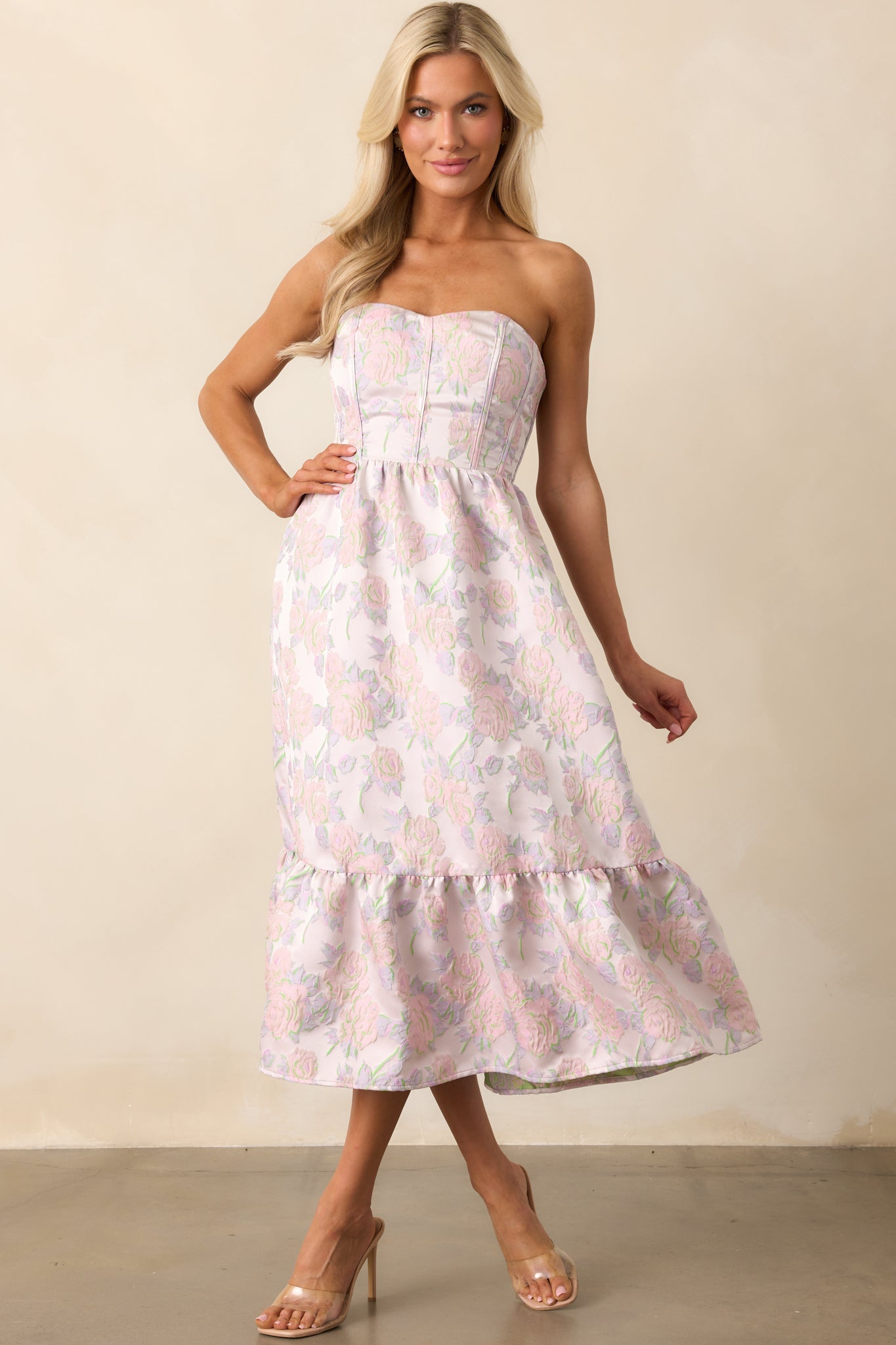 In The Spotlight Lavender Floral Jacquard Strapless Midi Dress