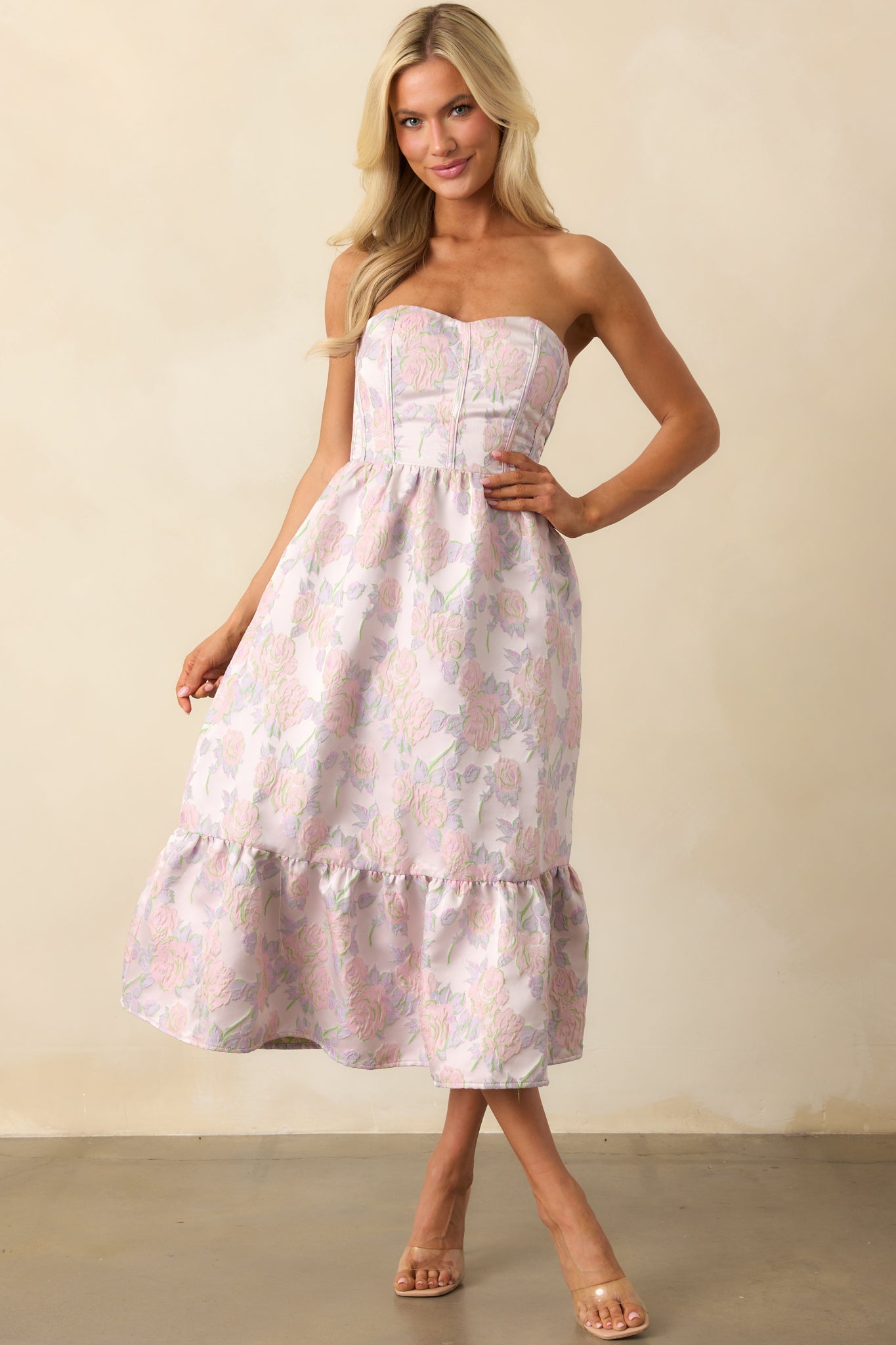 In The Spotlight Lavender Floral Jacquard Strapless Midi Dress