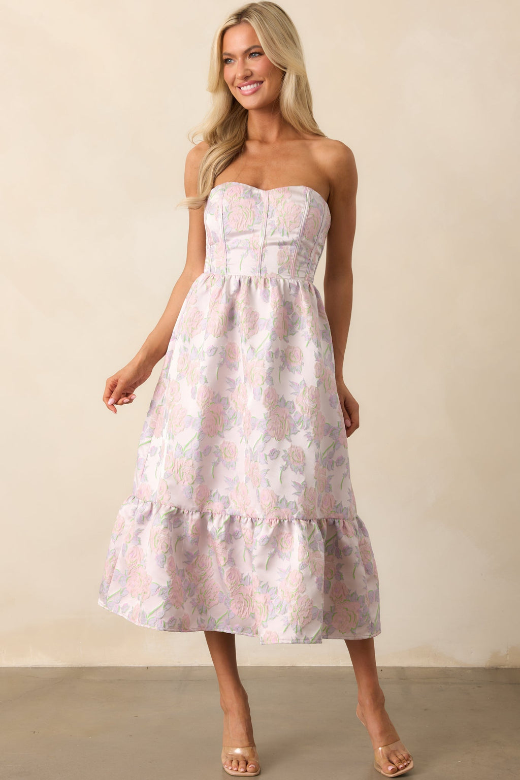 In The Spotlight Lavender Floral Jacquard Strapless Midi Dress