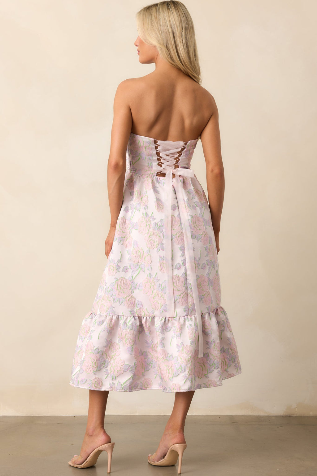 In The Spotlight Lavender Floral Jacquard Strapless Midi Dress