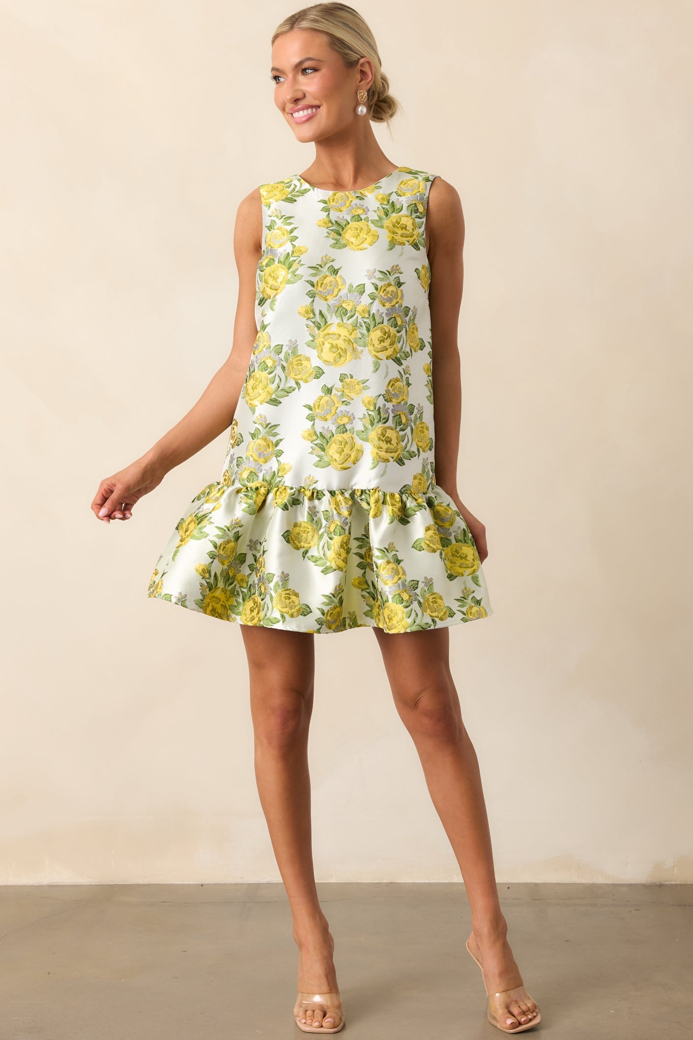 A Fresh Perspective Yellow Floral Jacquard Sleeveless Mini Dress