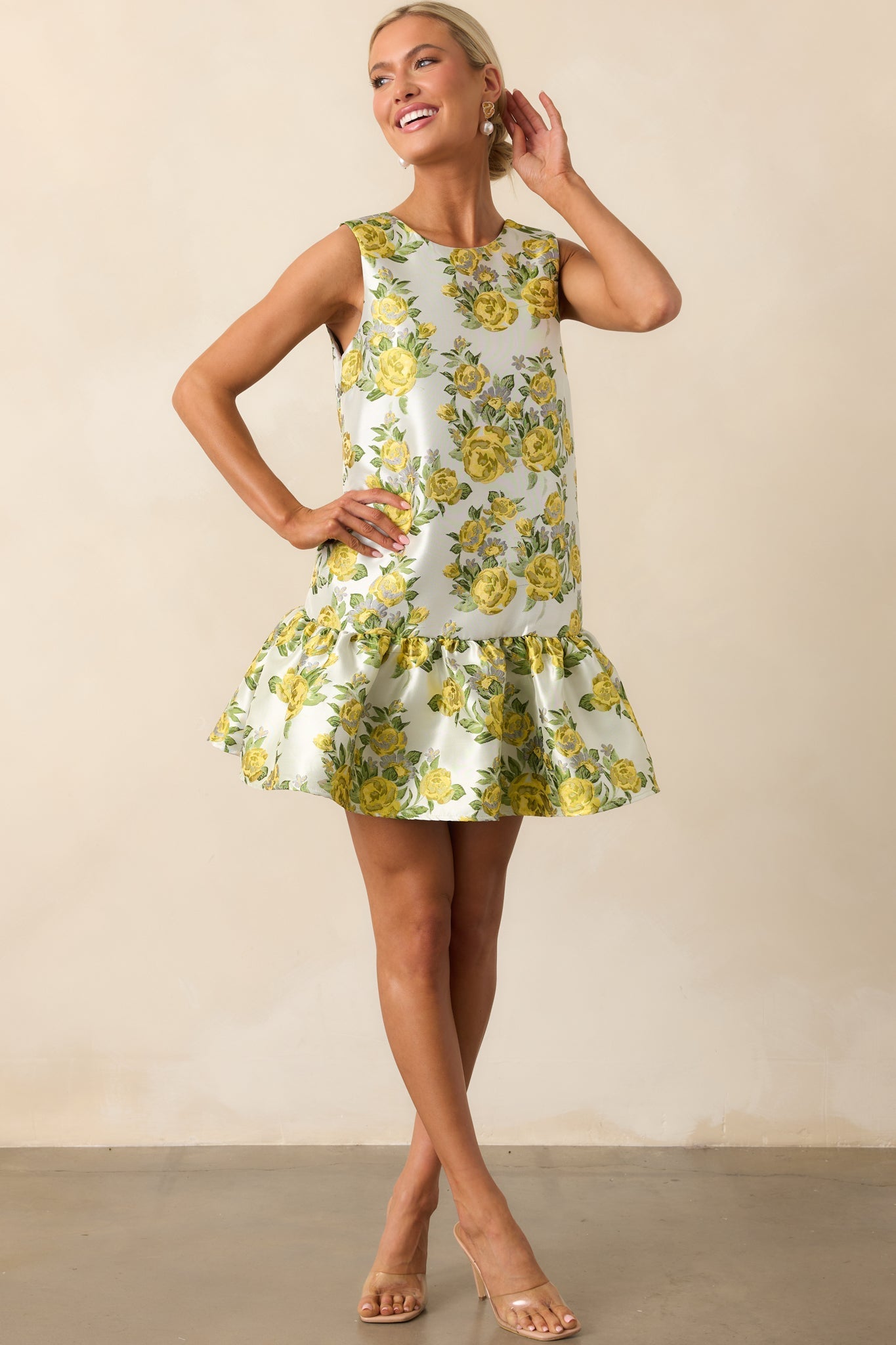 A Fresh Perspective Yellow Floral Jacquard Sleeveless Mini Dress