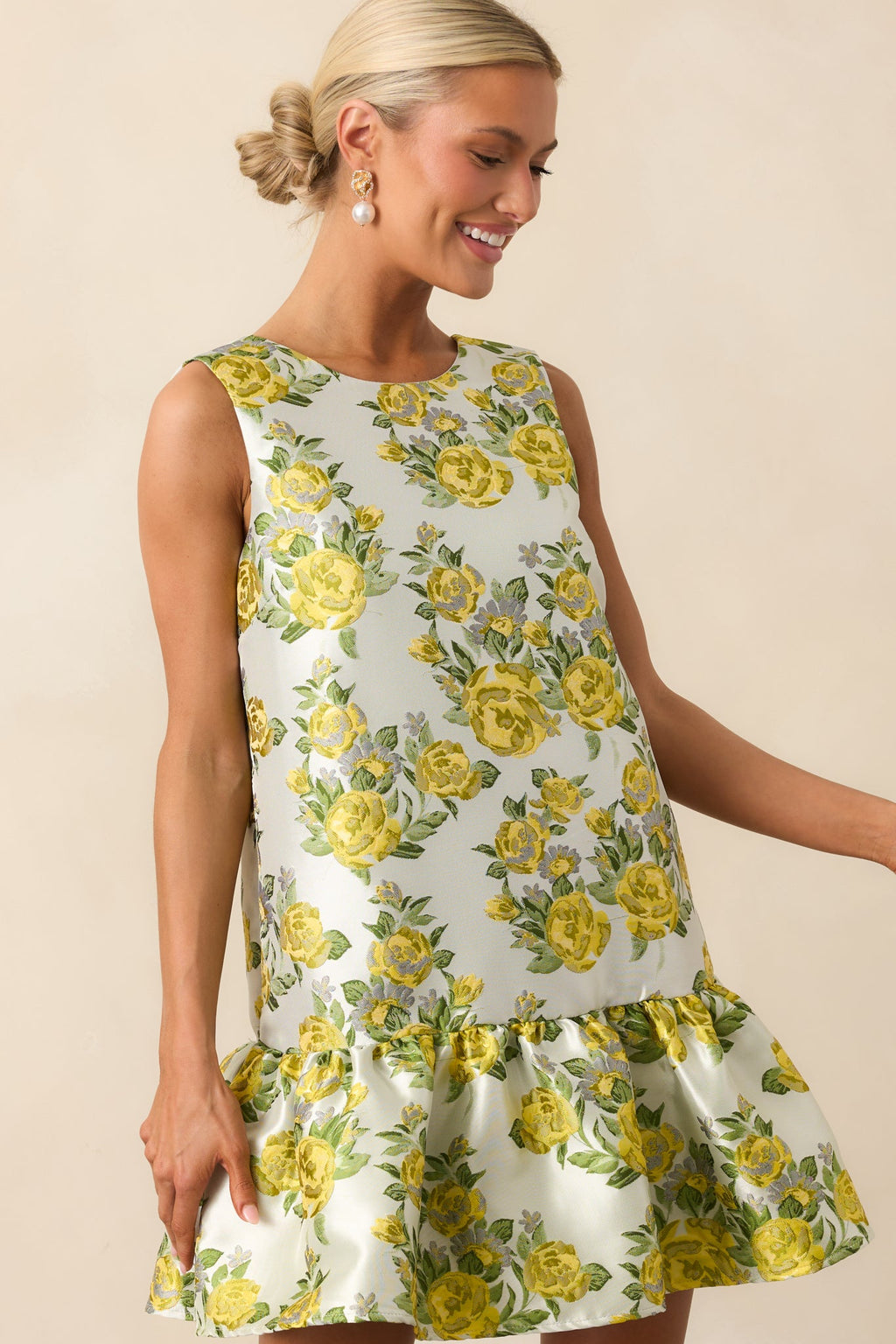 A Fresh Perspective Yellow Floral Jacquard Sleeveless Mini Dress