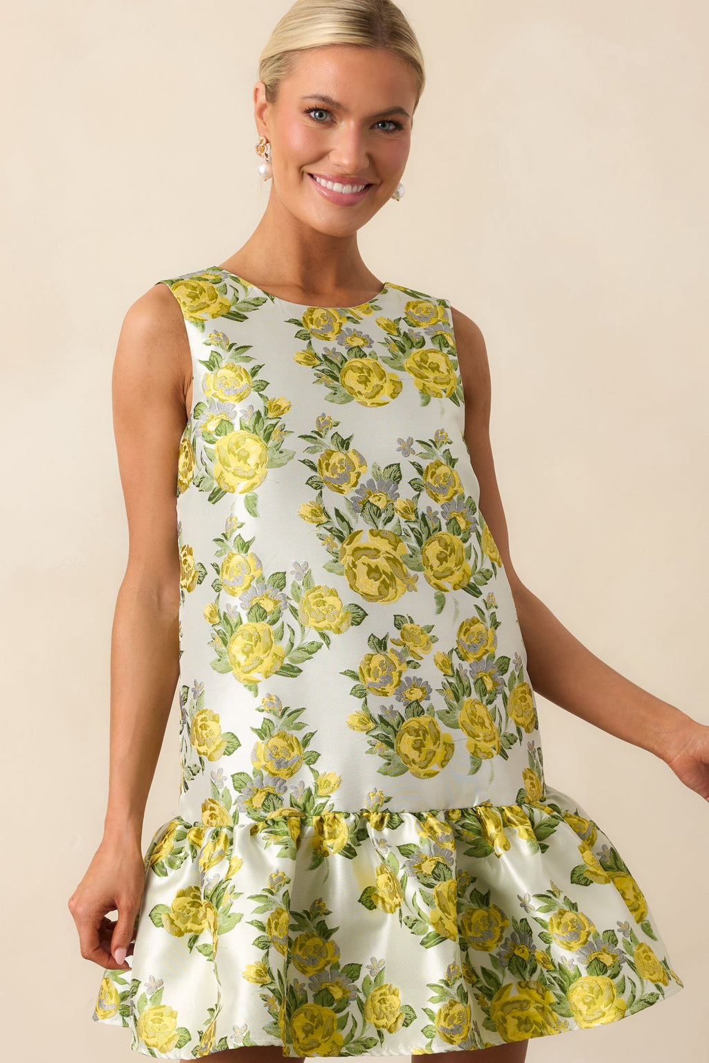 A Fresh Perspective Yellow Floral Jacquard Sleeveless Mini Dress