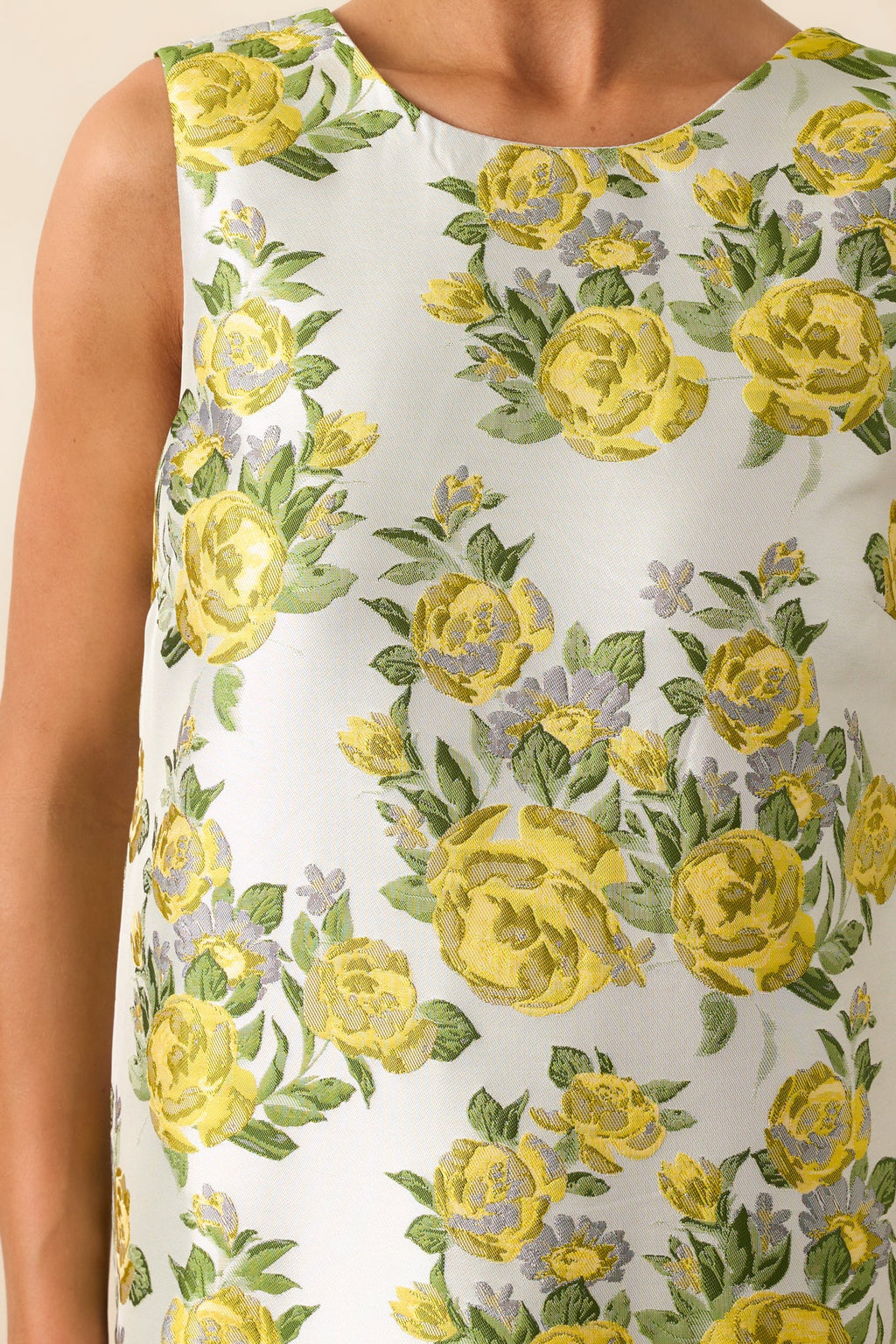 A Fresh Perspective Yellow Floral Jacquard Sleeveless Mini Dress