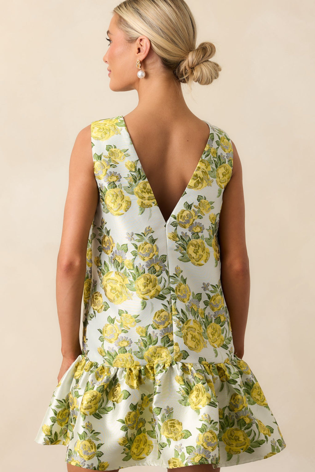 A Fresh Perspective Yellow Floral Jacquard Sleeveless Mini Dress