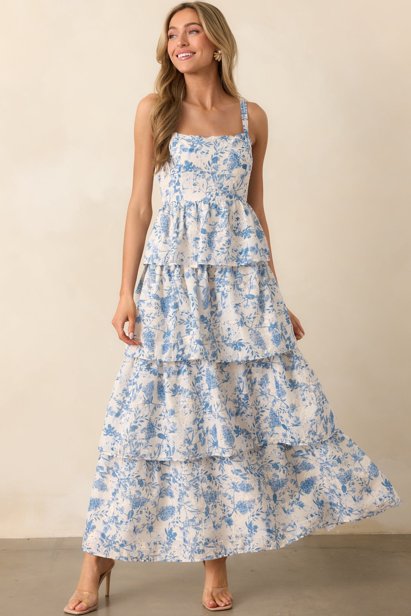 Happy To Be Here Blue Floral Embroidered Eyelet Maxi Dress