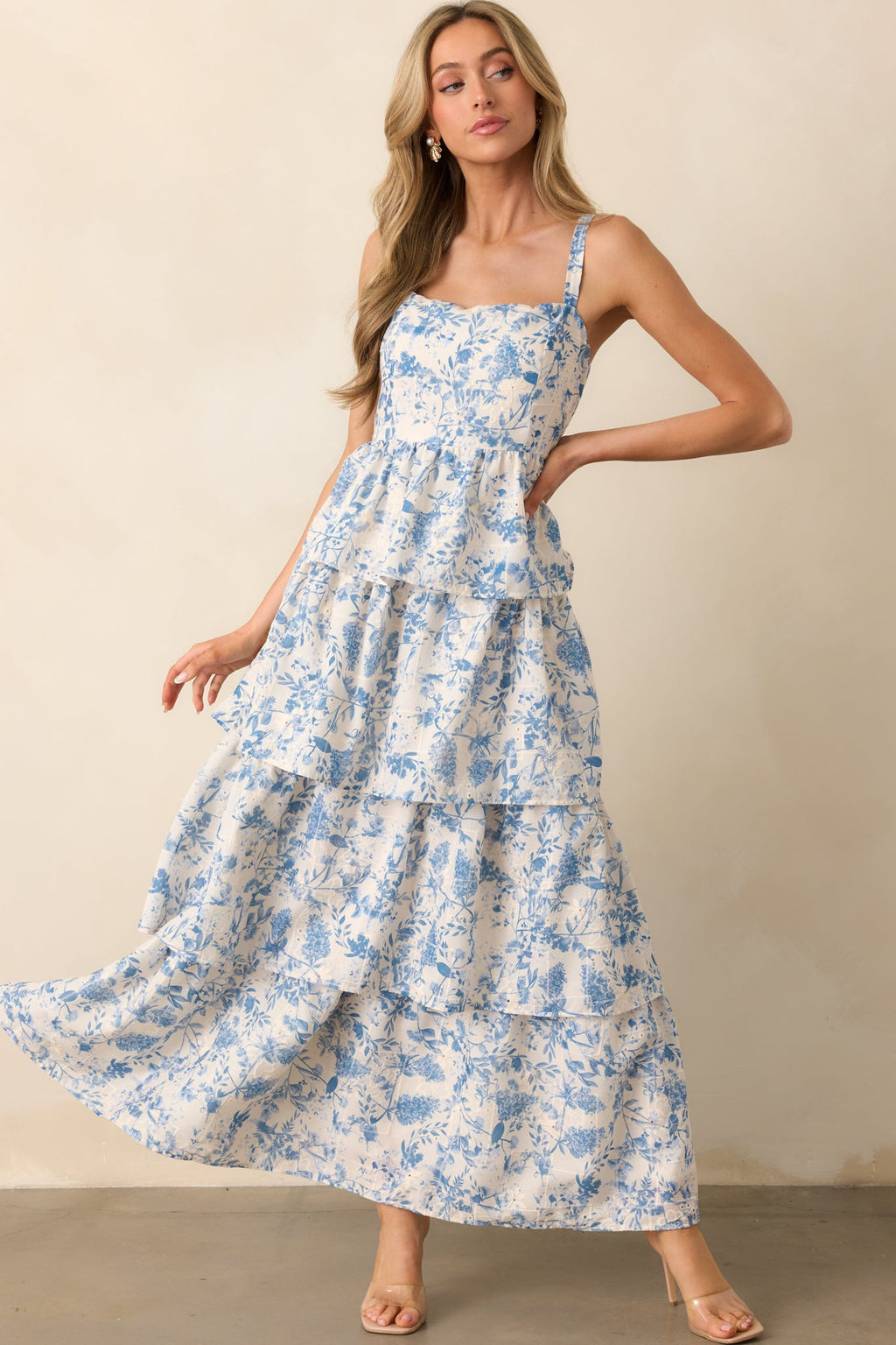 Happy To Be Here Blue Floral Embroidered Eyelet Maxi Dress