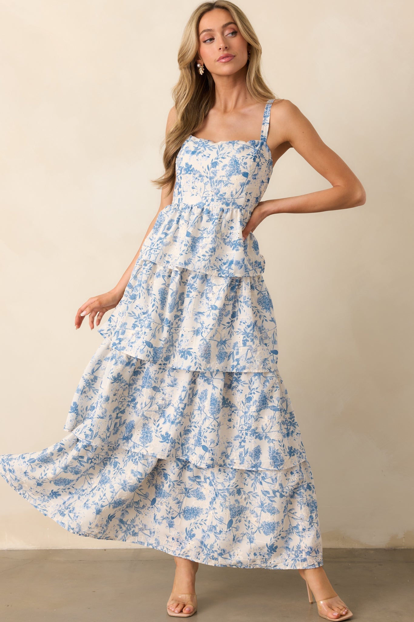 Happy To Be Here Blue Floral Embroidered Eyelet Maxi Dress