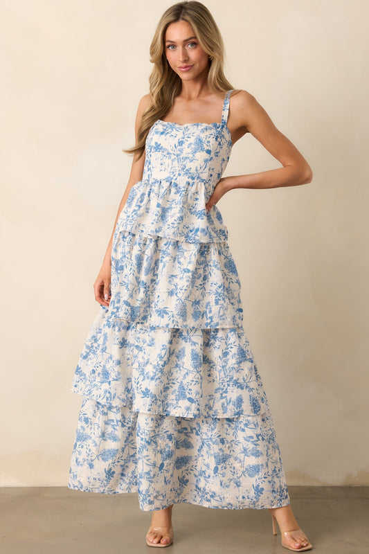 Happy To Be Here Blue Floral Embroidered Eyelet Maxi Dress
