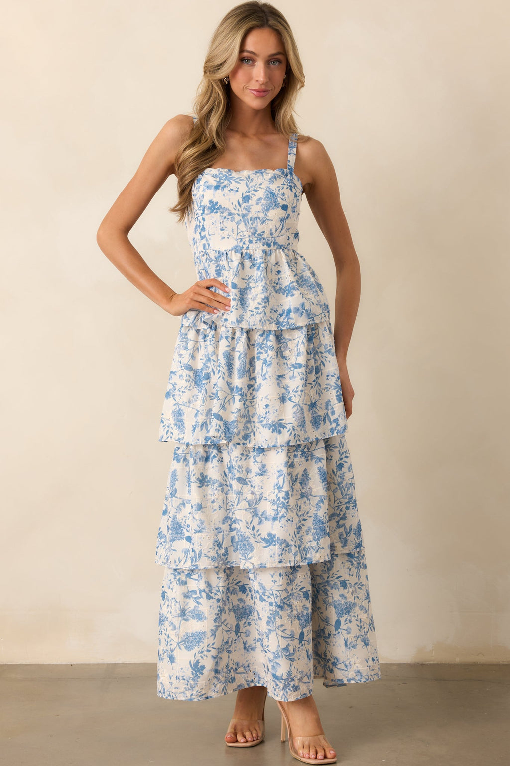 Happy To Be Here Blue Floral Embroidered Eyelet Maxi Dress