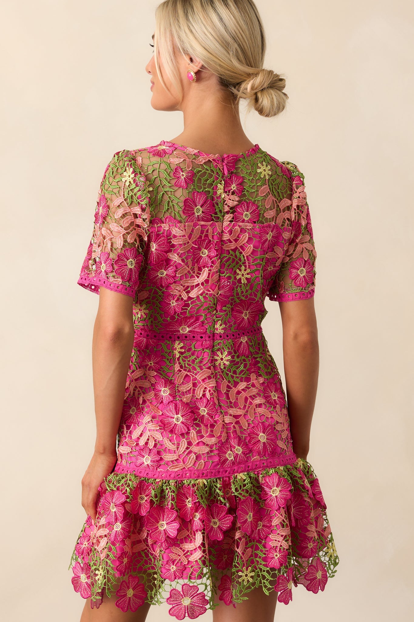 A Work Of Art Magenta Pink Floral Embroidered Mini Dress