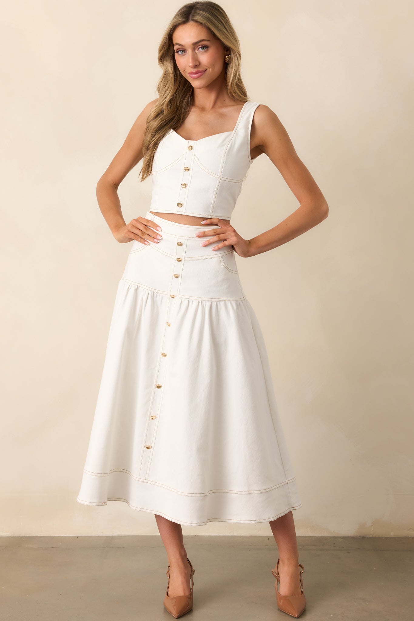 For The Record White Denim Button Front Crop Top