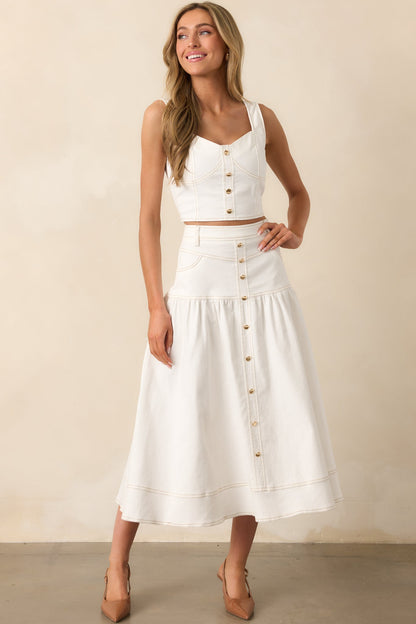For The Record White Denim Button Front Crop Top