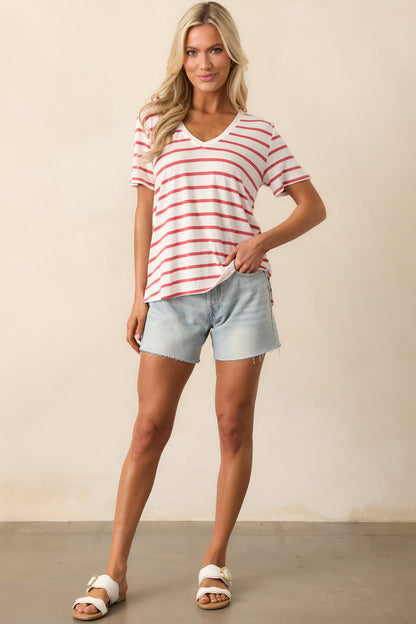 Comfort Zone Red Stripe Short Sleeve V-Neck Tee