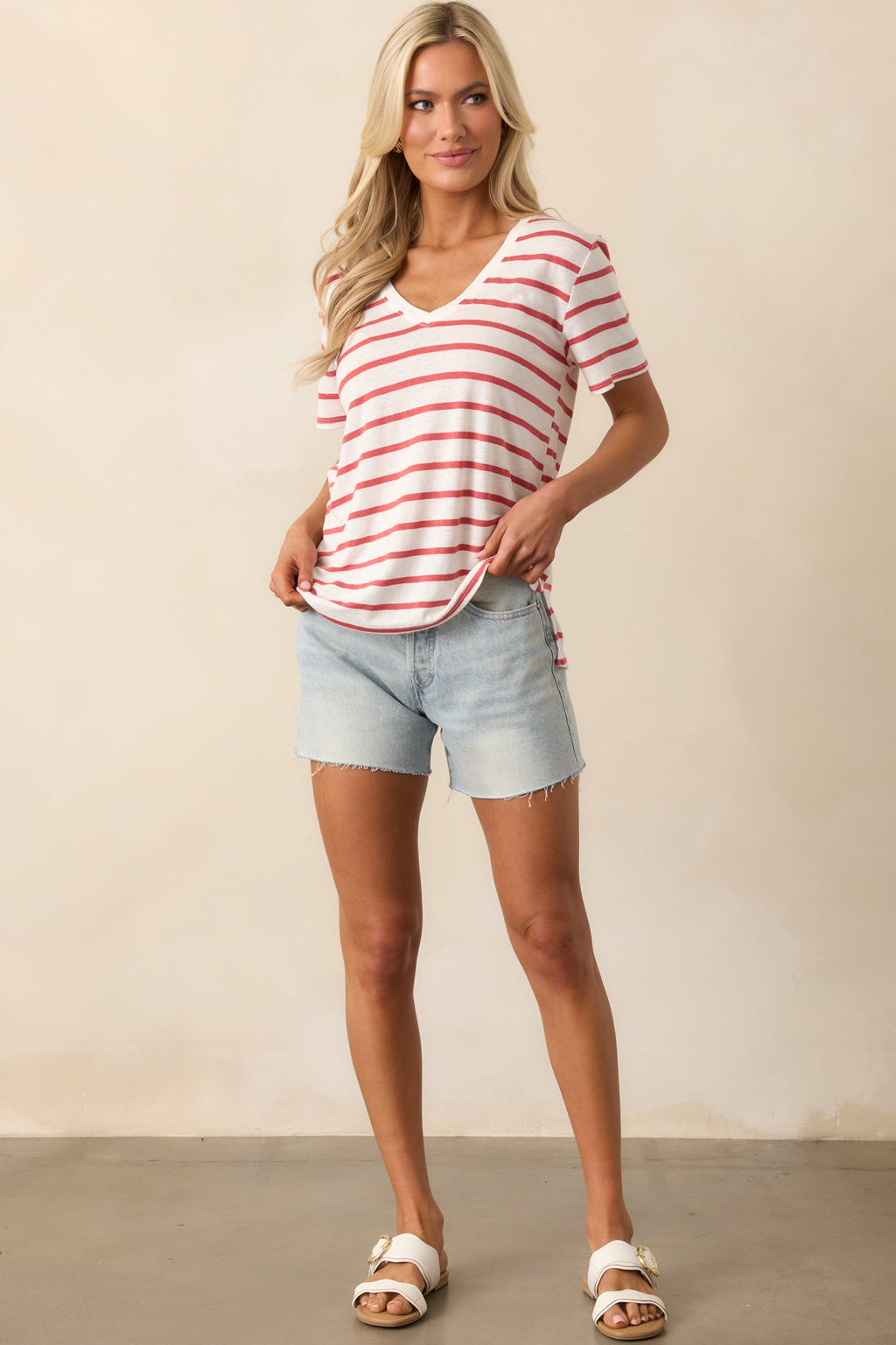 Comfort Zone Red Stripe Short Sleeve V-Neck Tee
