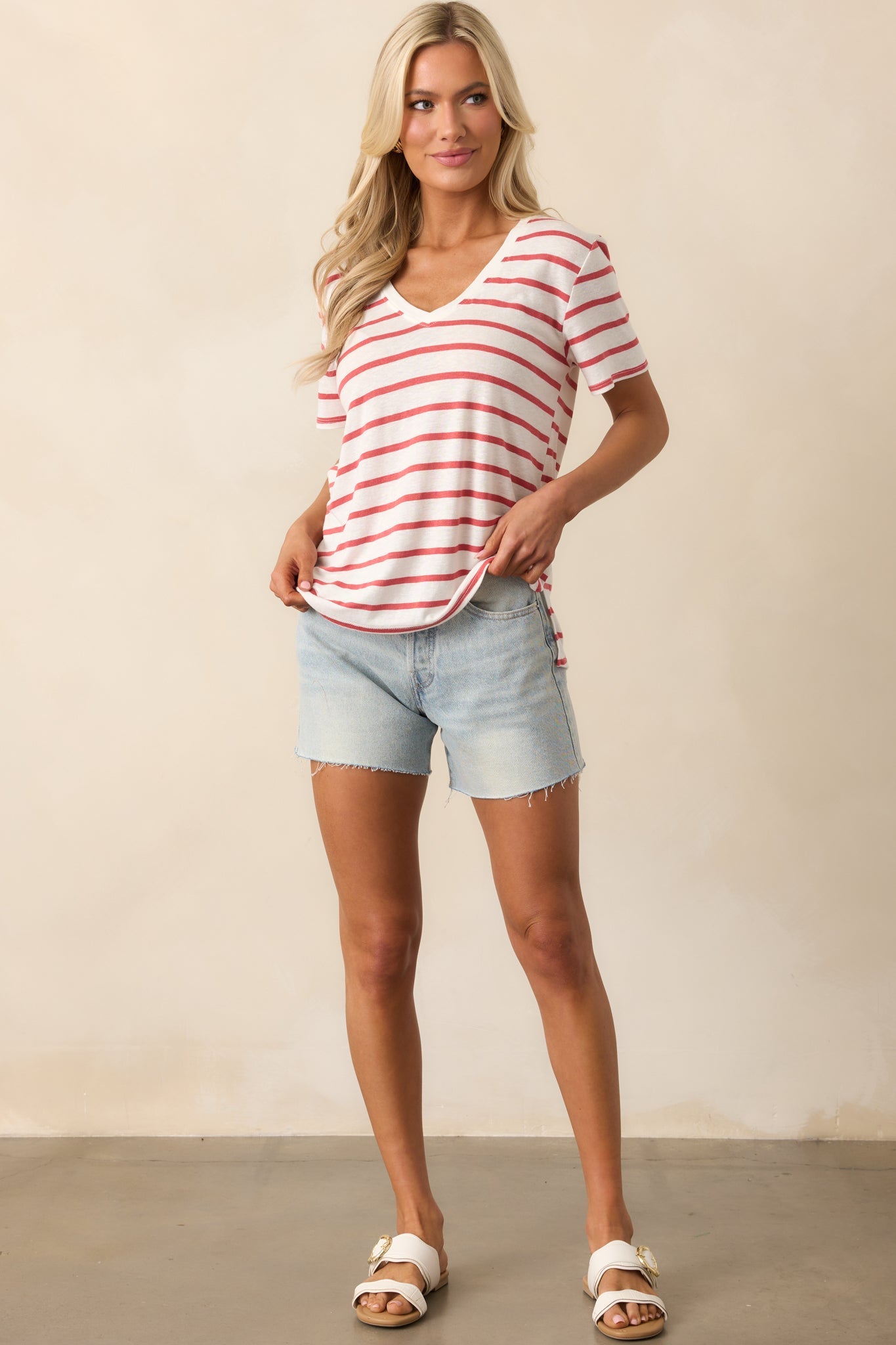 Comfort Zone Red Stripe Short Sleeve V-Neck Tee