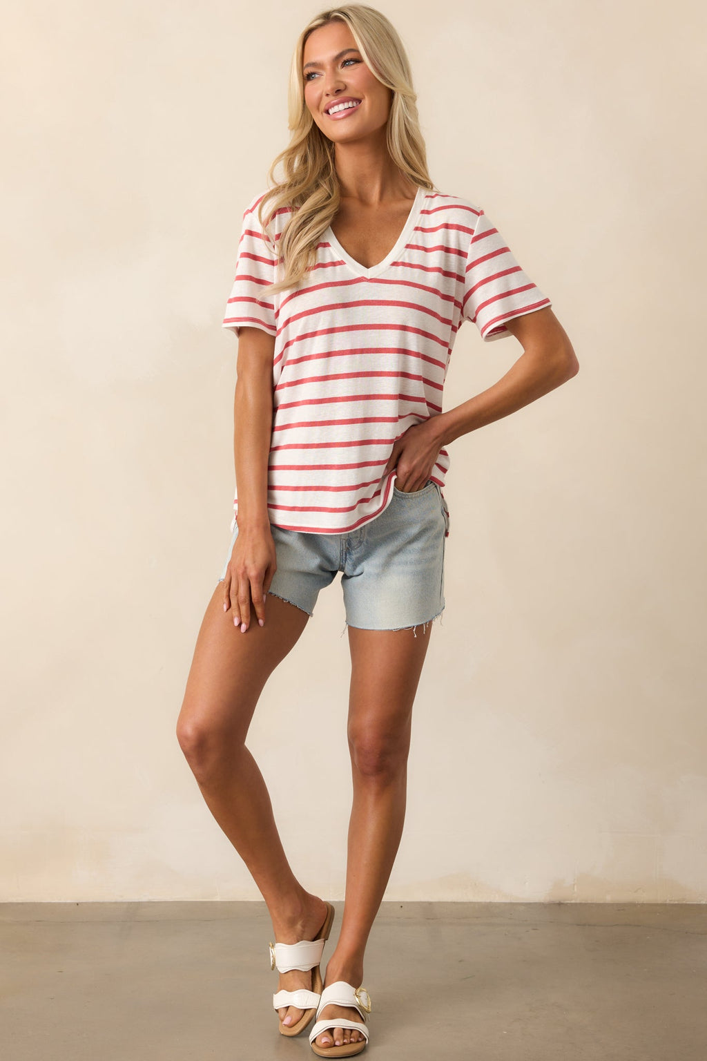 Comfort Zone Red Stripe Short Sleeve V-Neck Tee