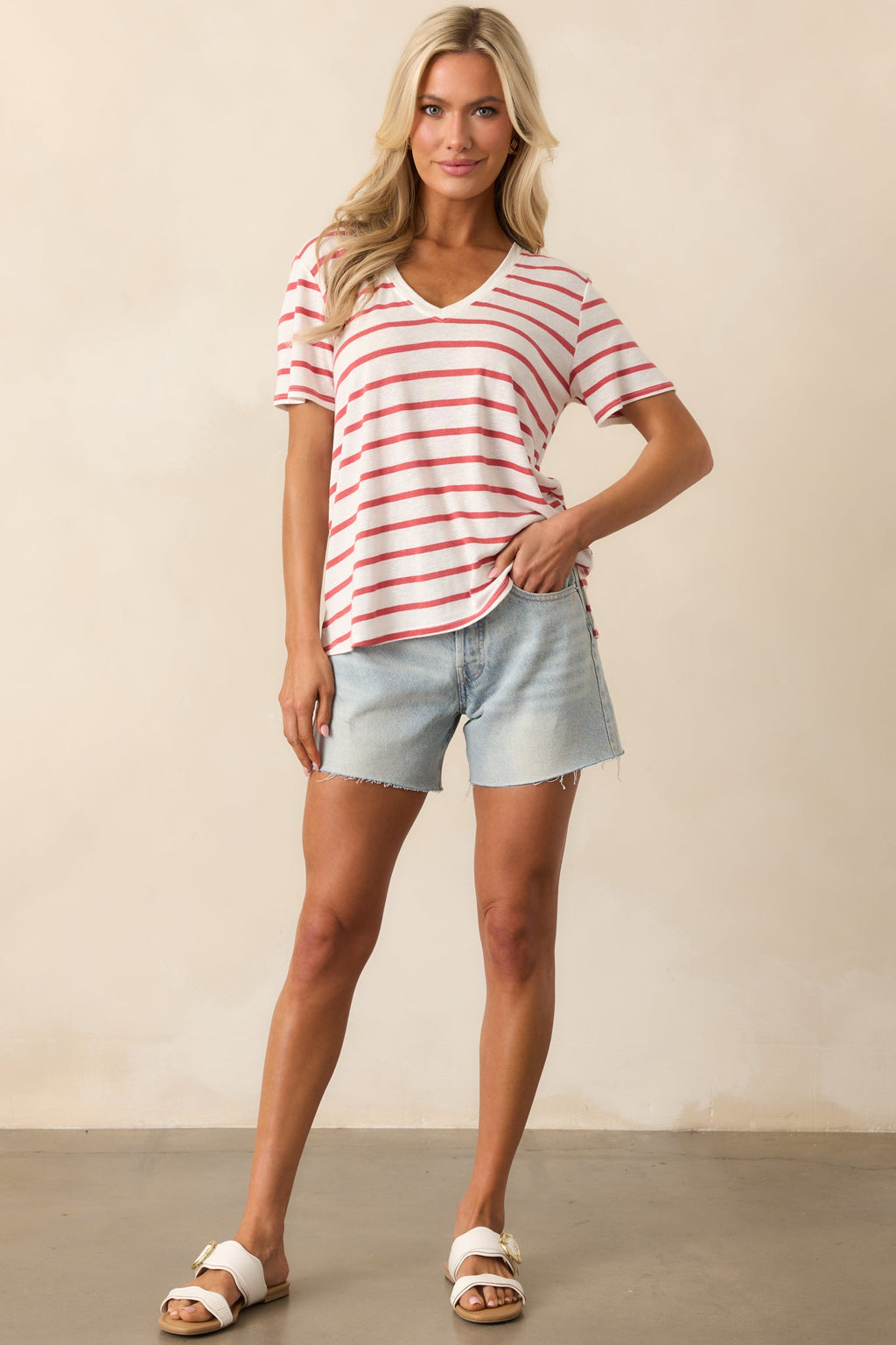 Comfort Zone Red Stripe Short Sleeve V-Neck Tee