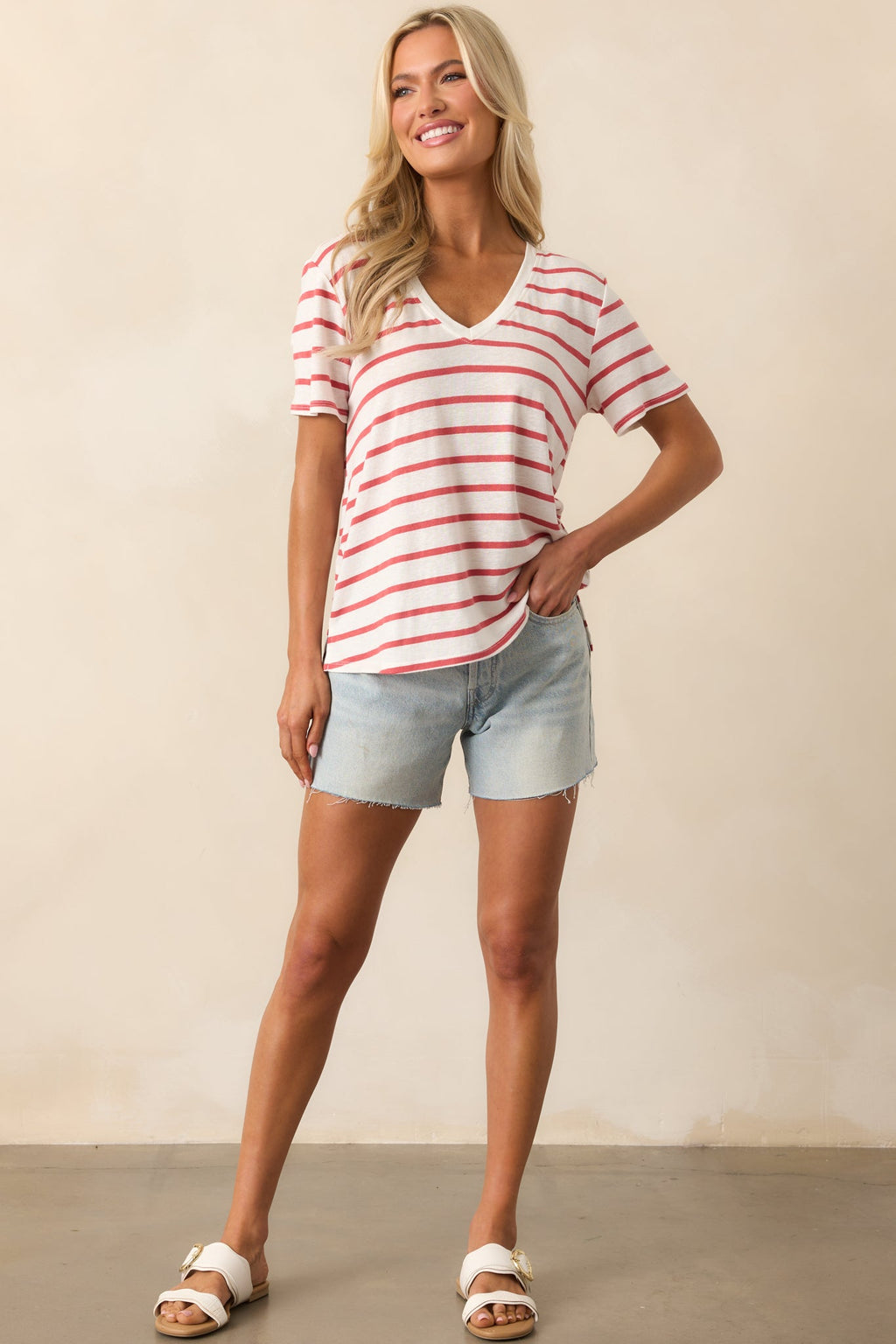 Comfort Zone Red Stripe Short Sleeve V-Neck Tee