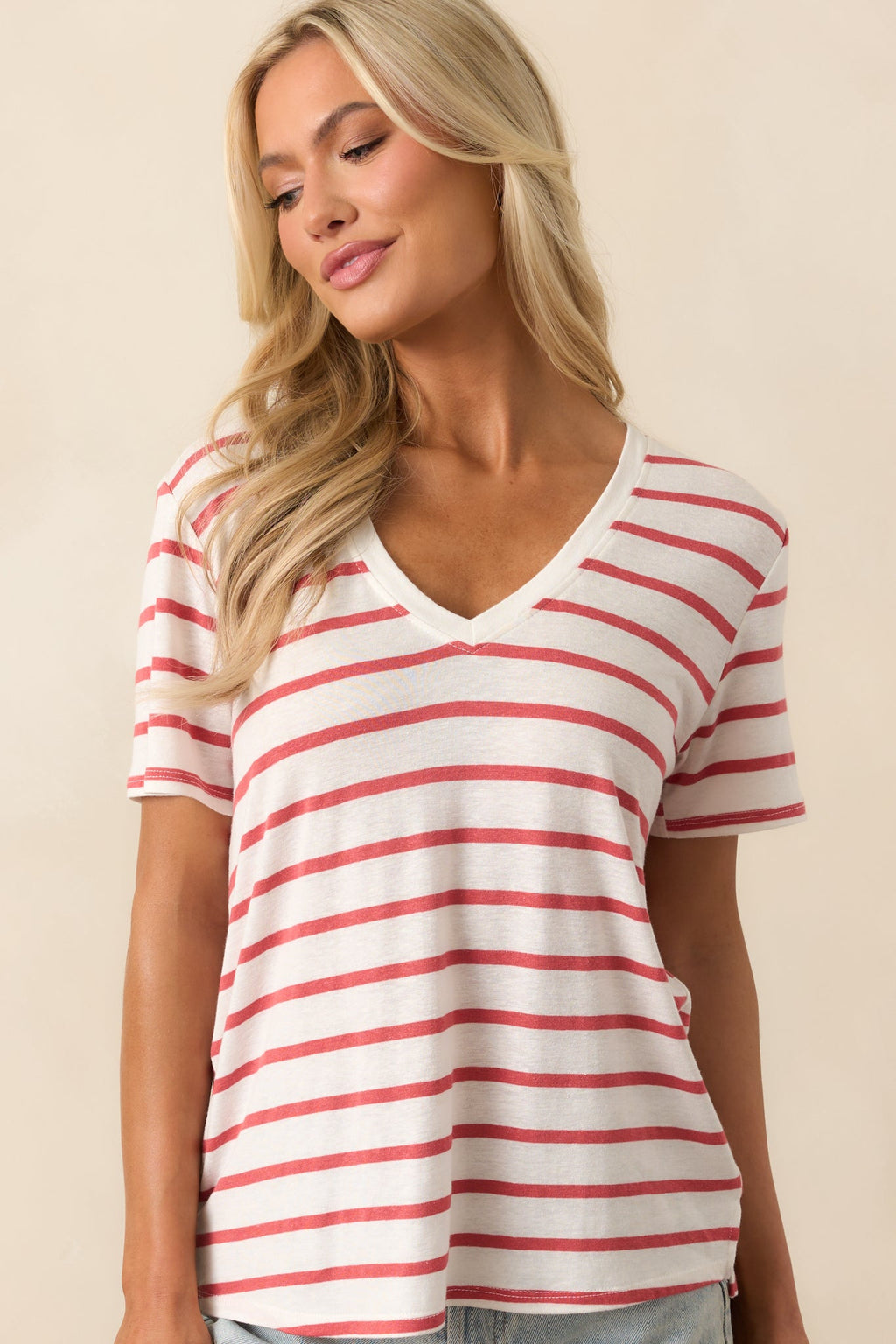 Comfort Zone Red Stripe Short Sleeve V-Neck Tee