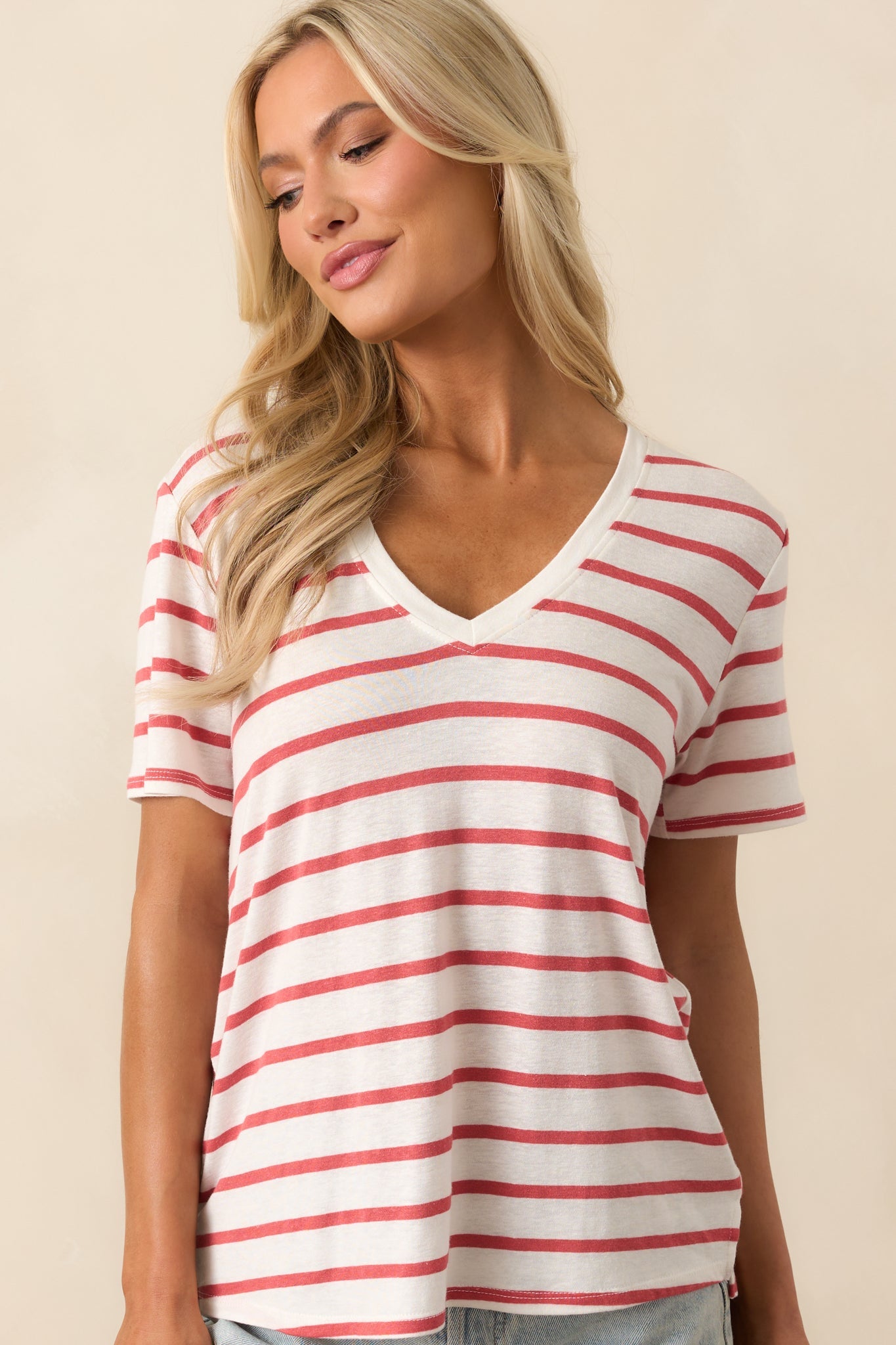 Comfort Zone Red Stripe Short Sleeve V-Neck Tee