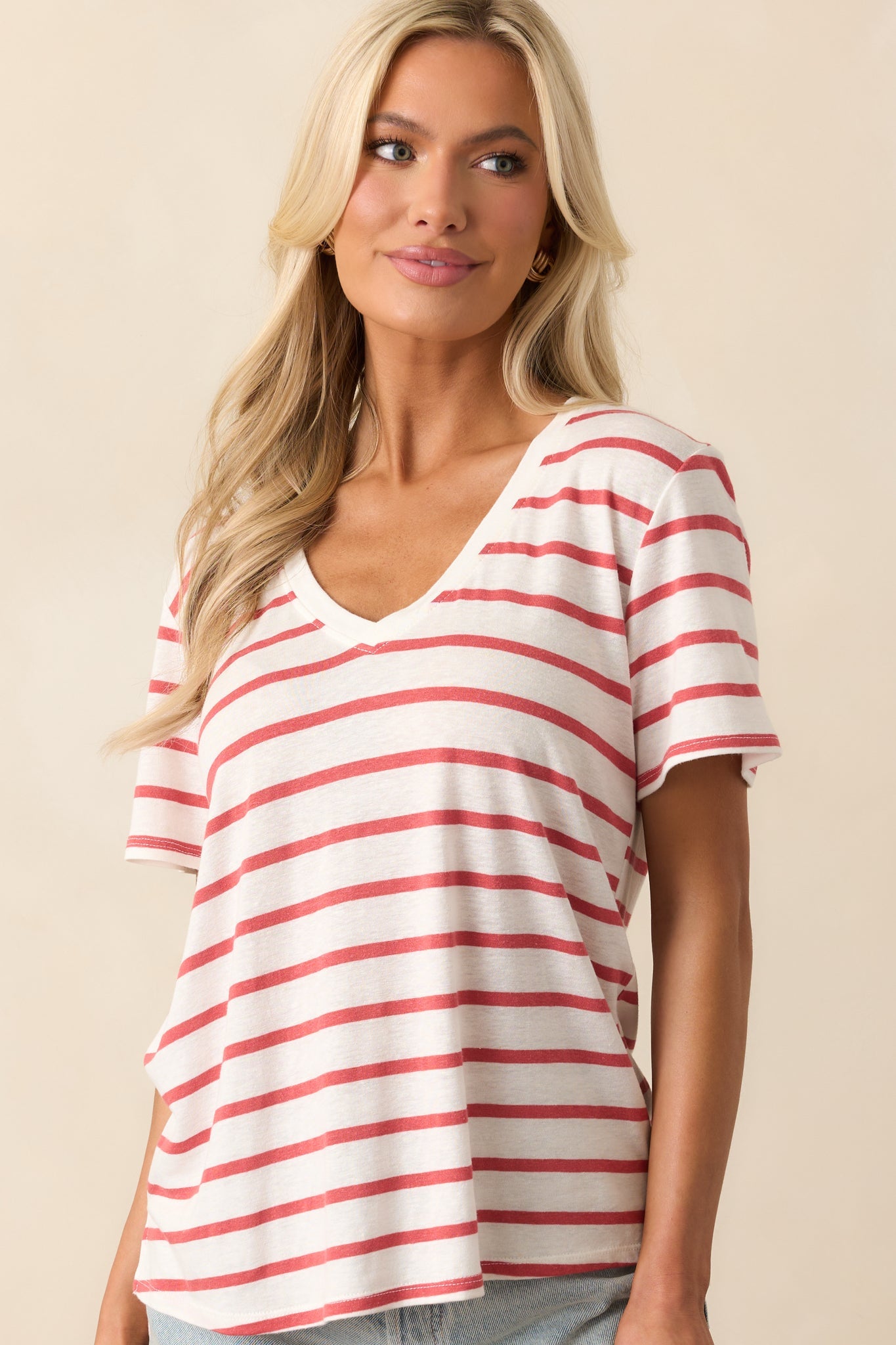 Comfort Zone Red Stripe Short Sleeve V-Neck Tee