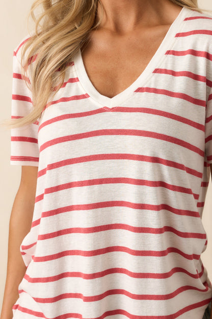 Comfort Zone Red Stripe Short Sleeve V-Neck Tee