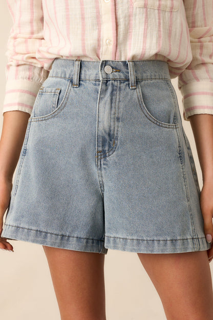 Doing It My Way Light Wash Cotton High Waisted Denim Shorts