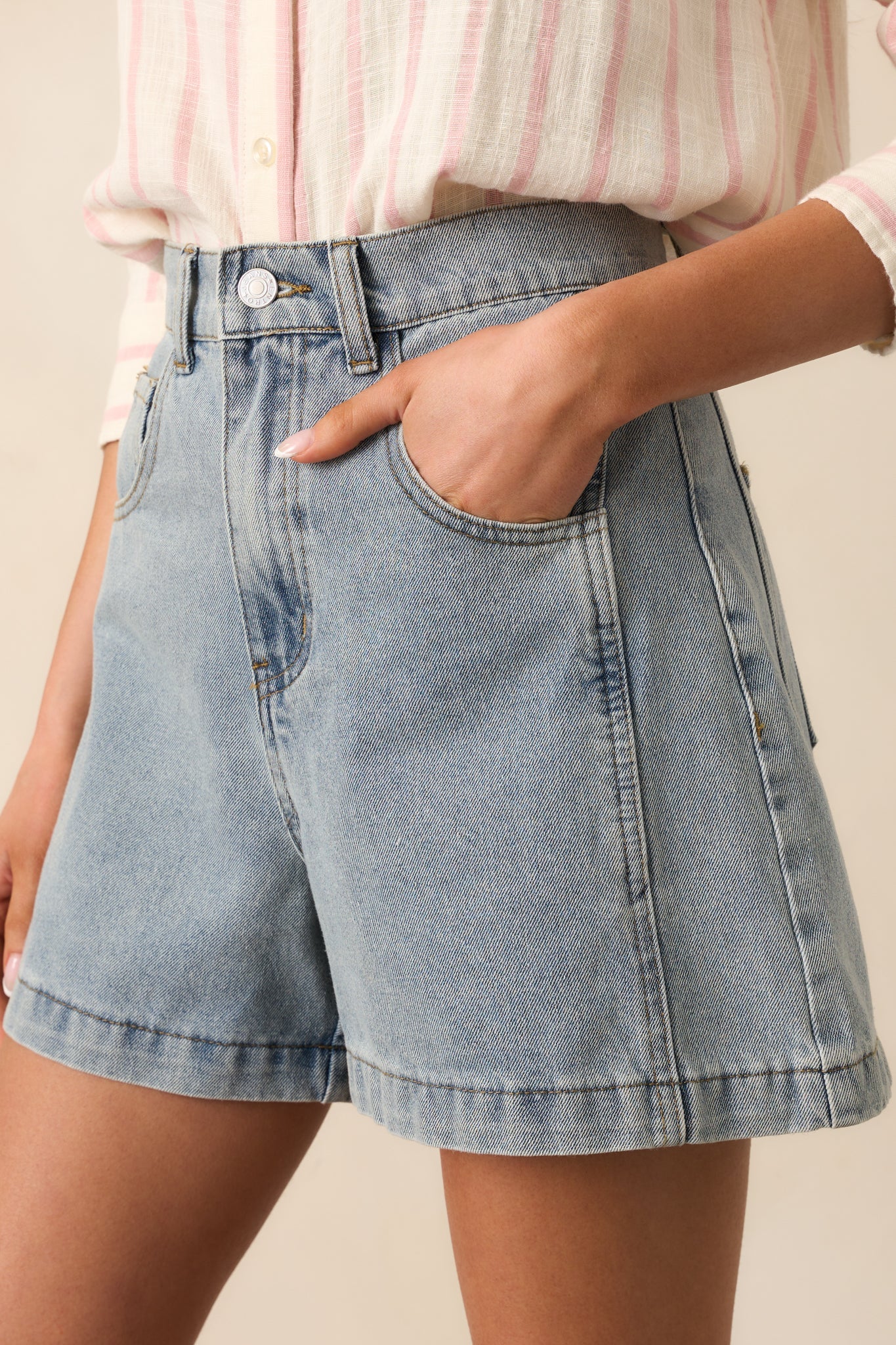 Doing It My Way Light Wash Cotton High Waisted Denim Shorts