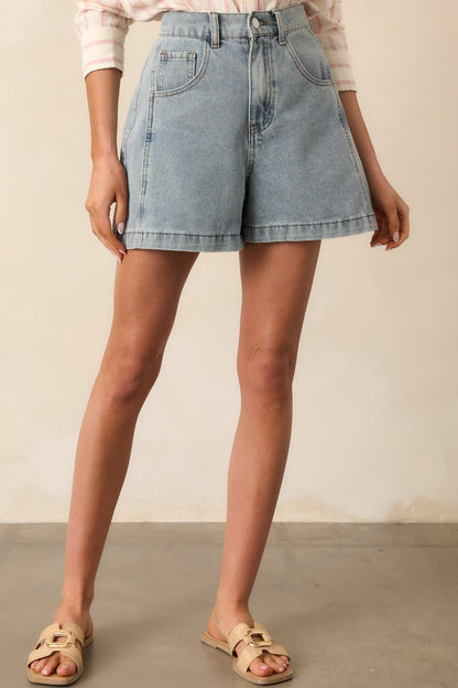 Doing It My Way Light Wash Cotton High Waisted Denim Shorts
