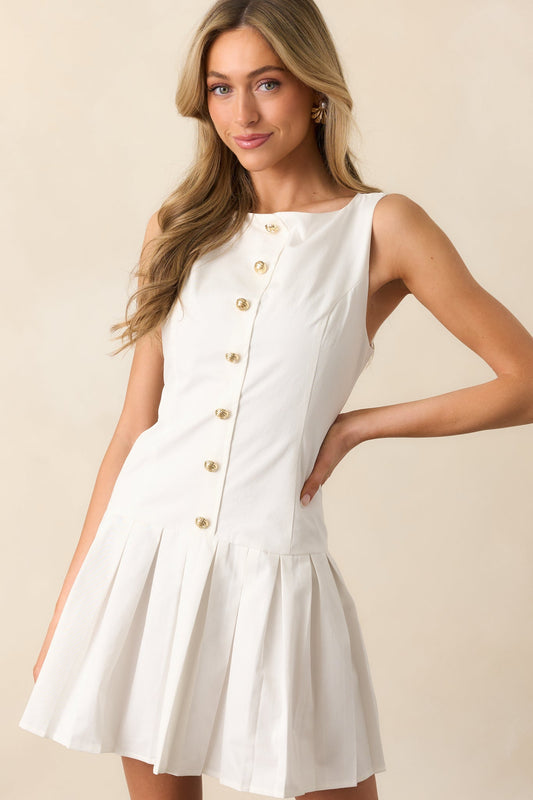 Here's The Thing White Cotton Button Front Drop Waist Mini Dress