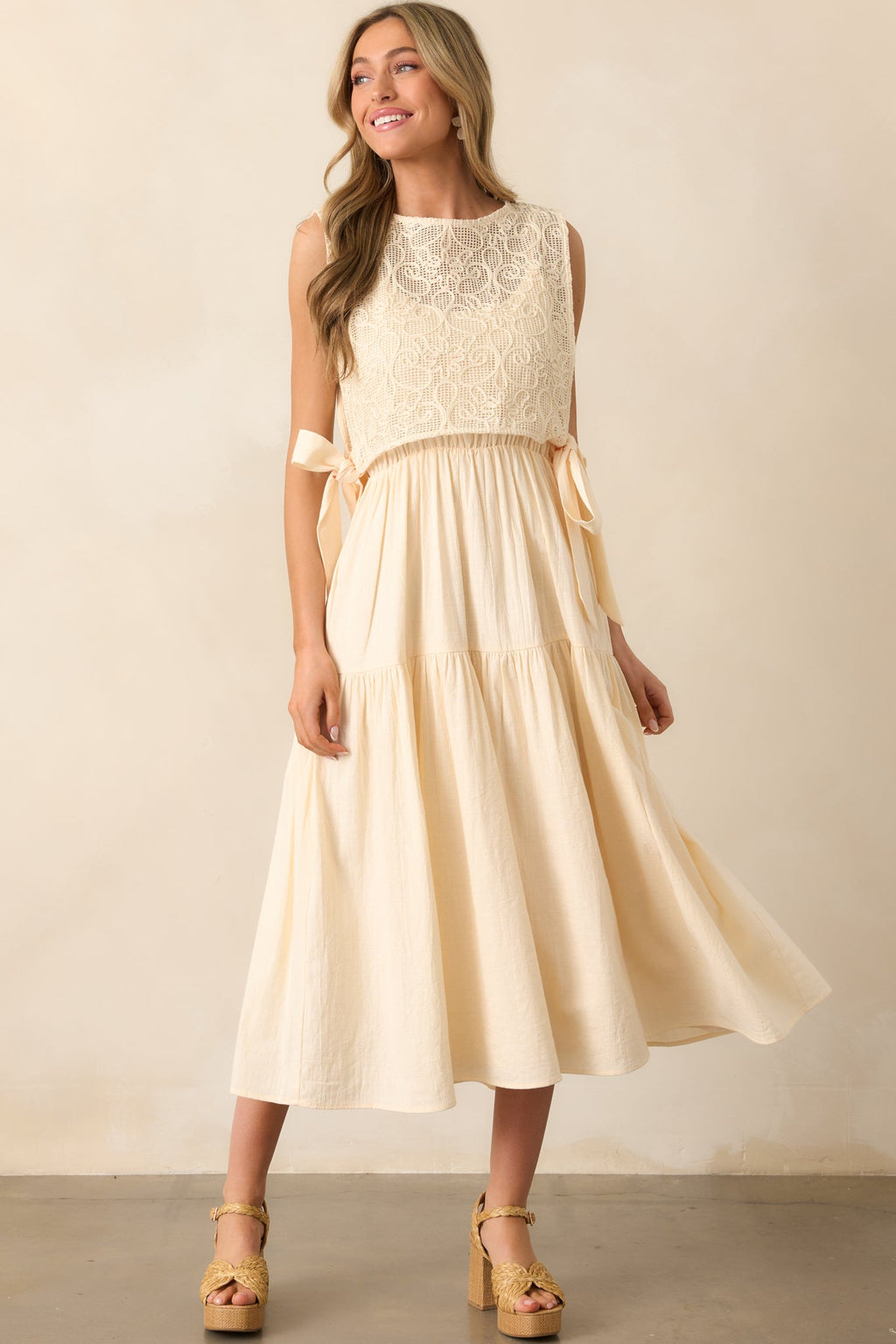 Everything & More Natural Cotton Crochet Bodice Midi Dress