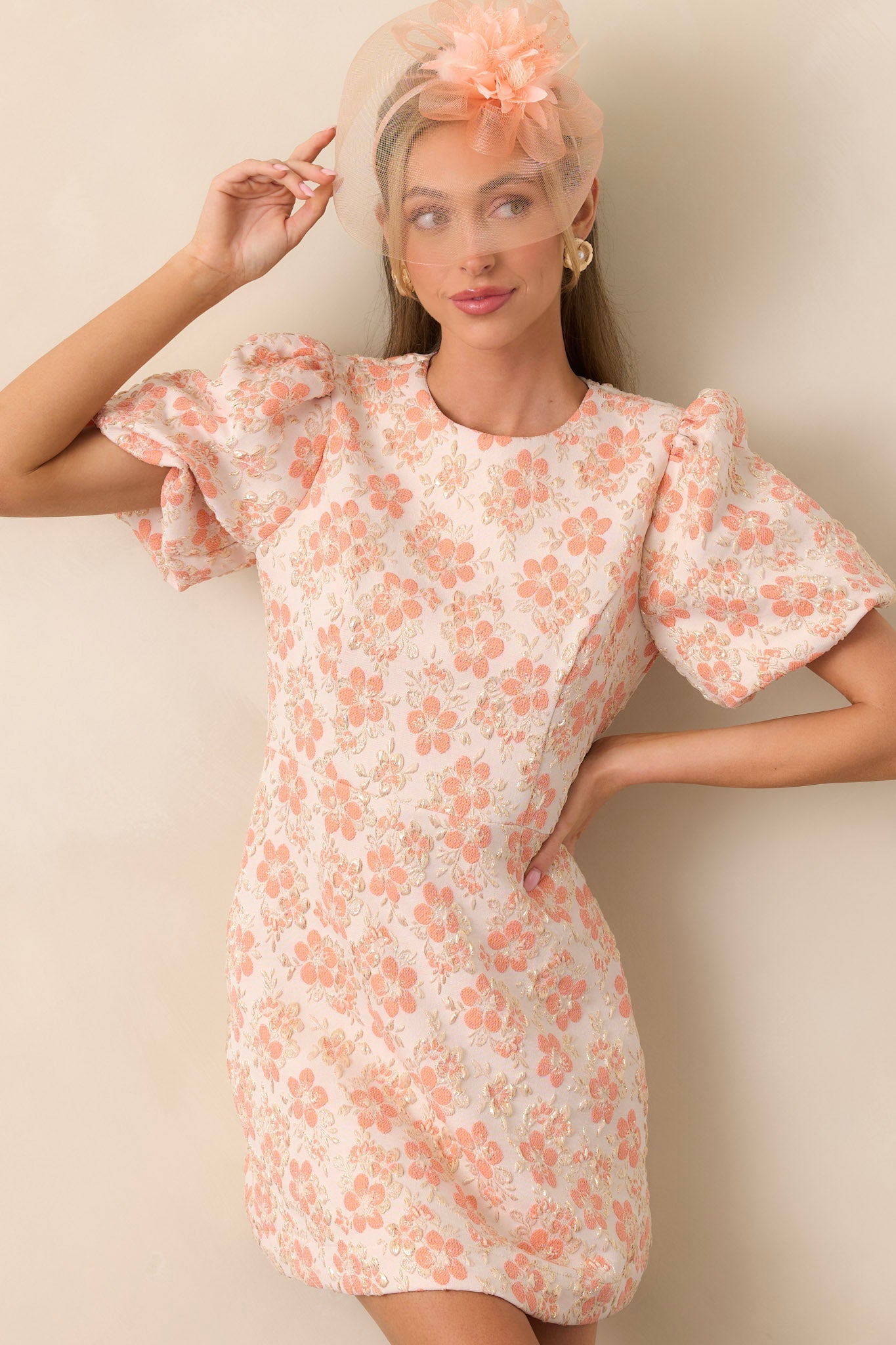 Little Luxuries Apricot Jacquard Floral Mini Dress