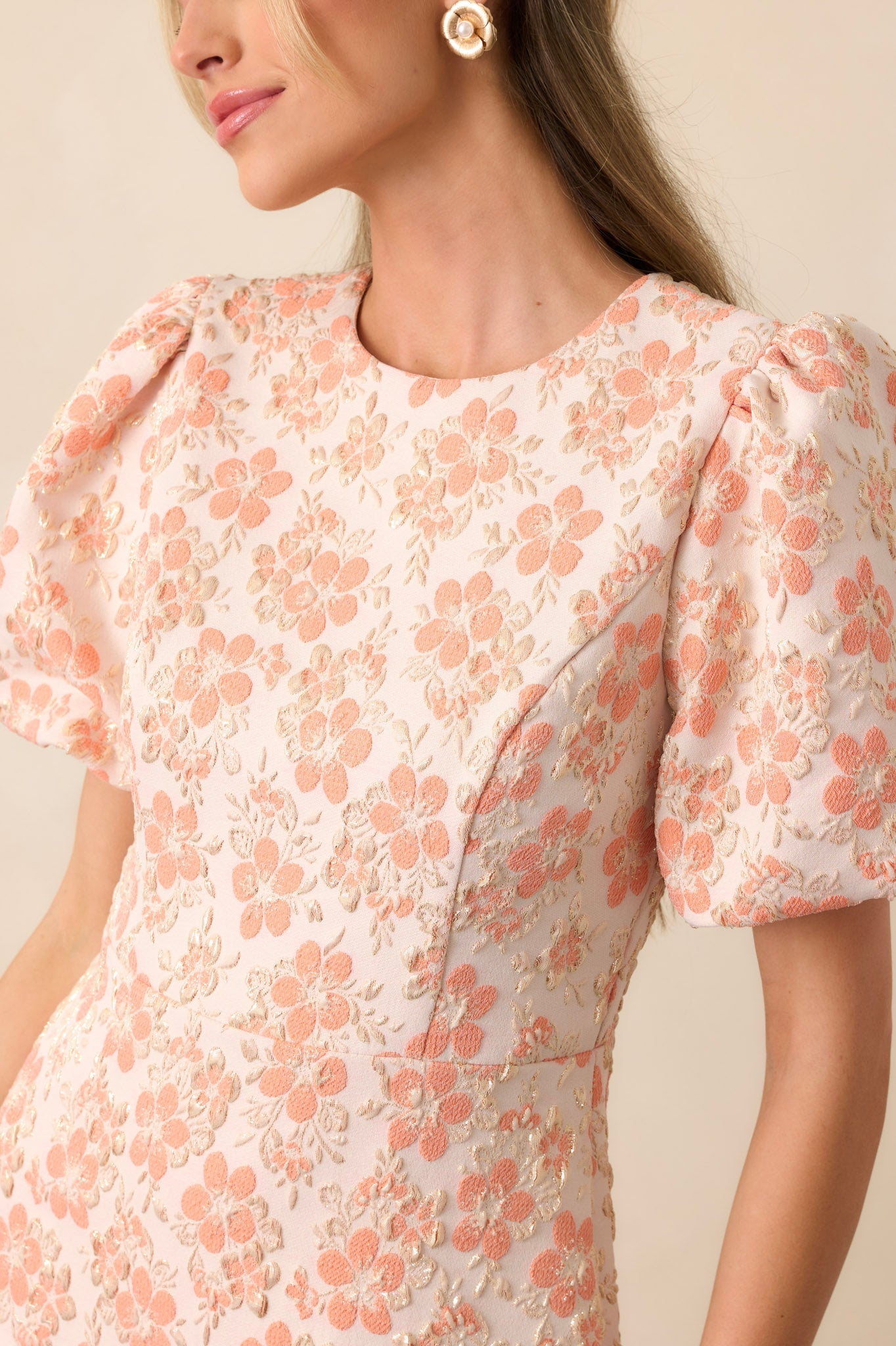 Little Luxuries Apricot Jacquard Floral Mini Dress