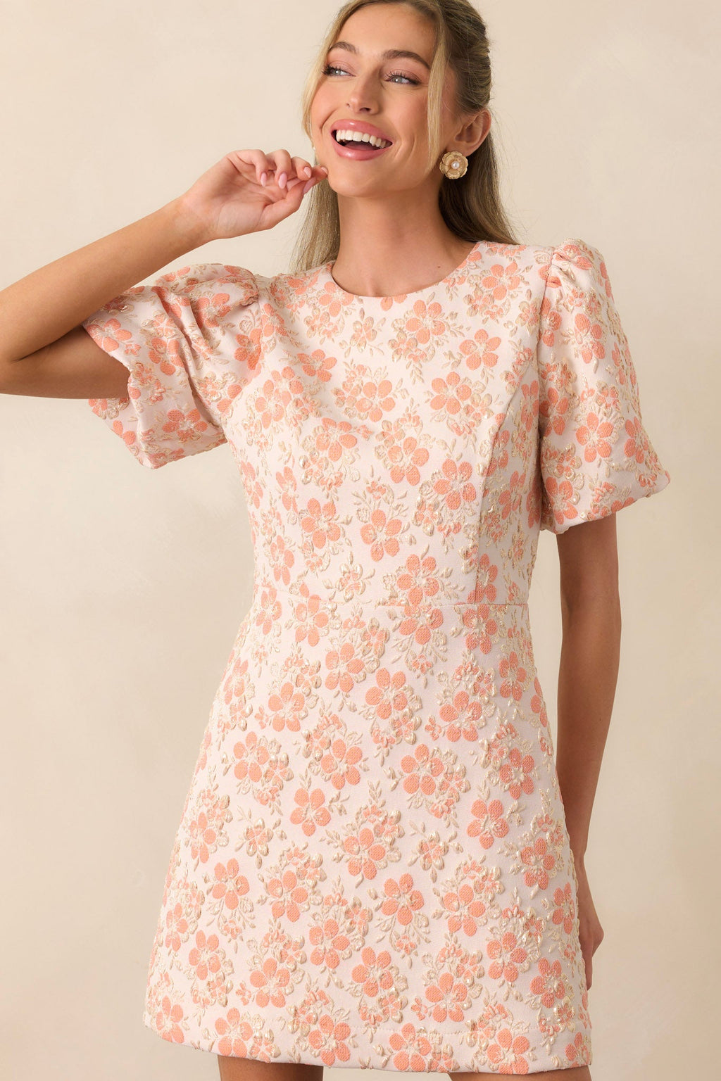 Little Luxuries Apricot Jacquard Floral Mini Dress