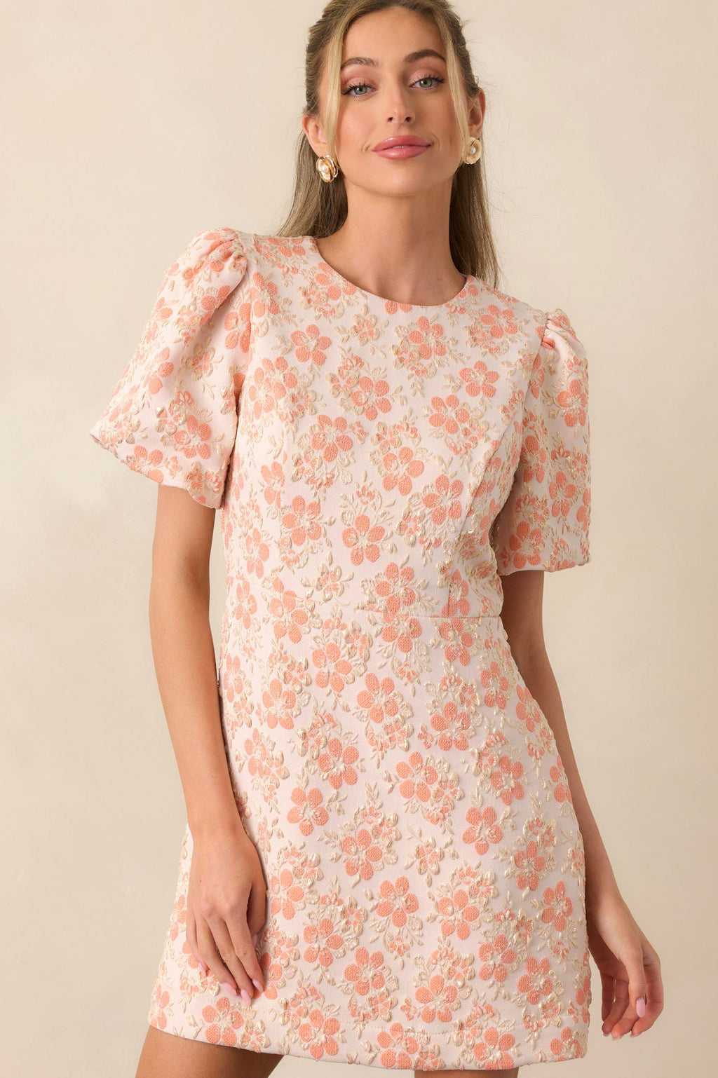 Little Luxuries Apricot Jacquard Floral Mini Dress