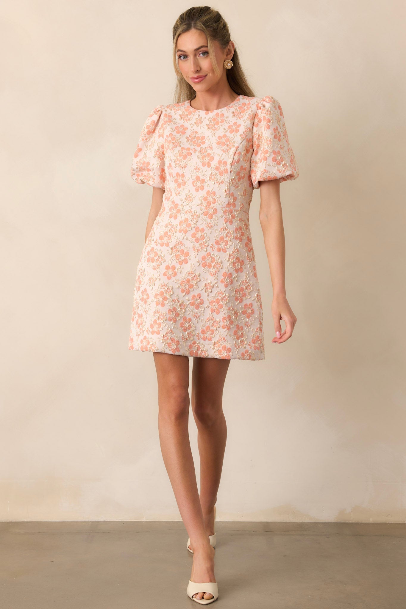 Little Luxuries Apricot Jacquard Floral Mini Dress