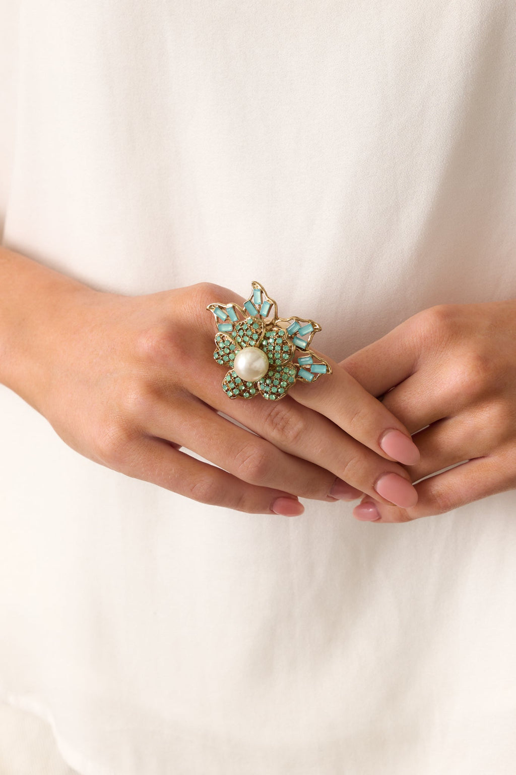 As Time Goes On Mint Green Rhinestone Flower Stretch Ring