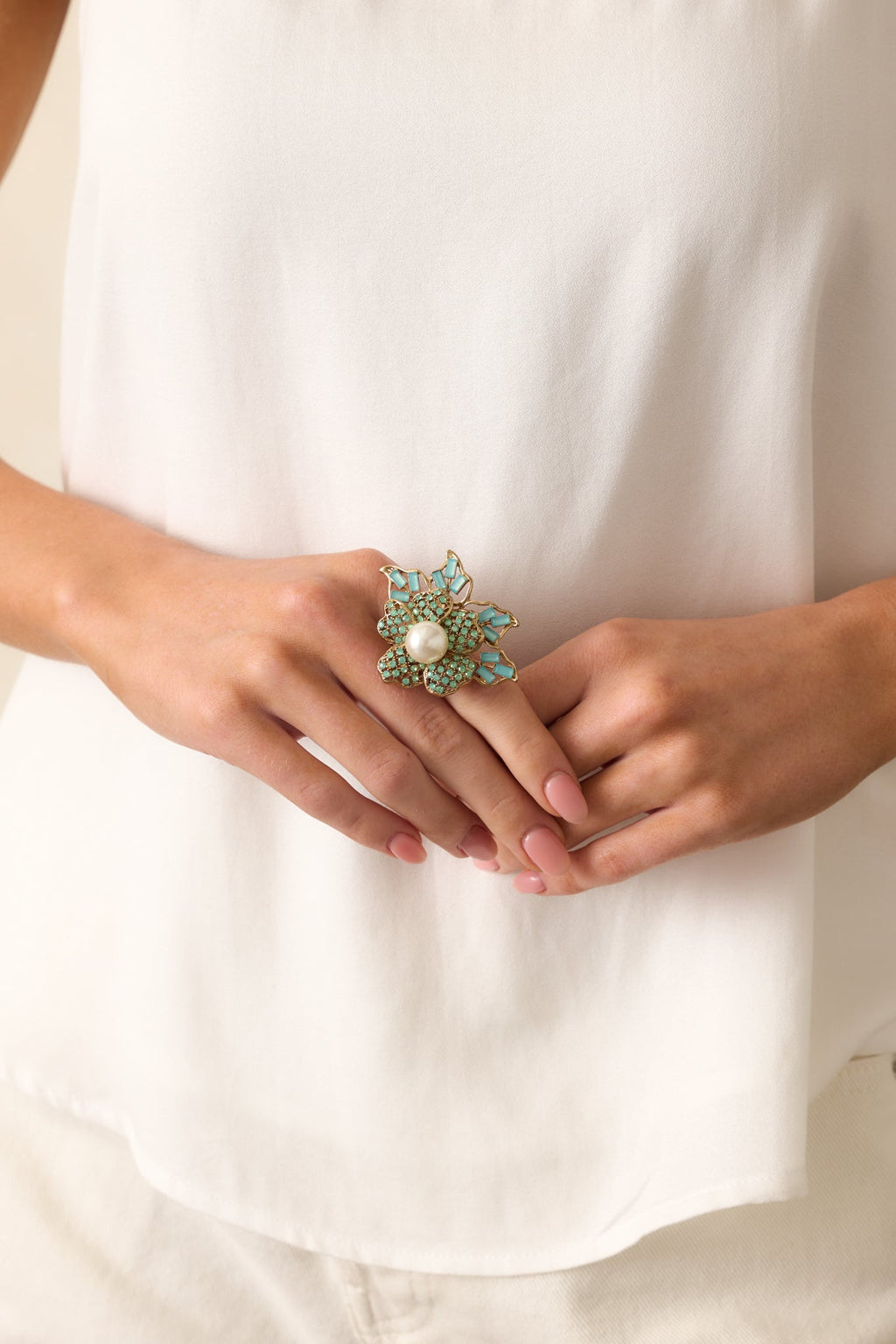 As Time Goes On Mint Green Rhinestone Flower Stretch Ring