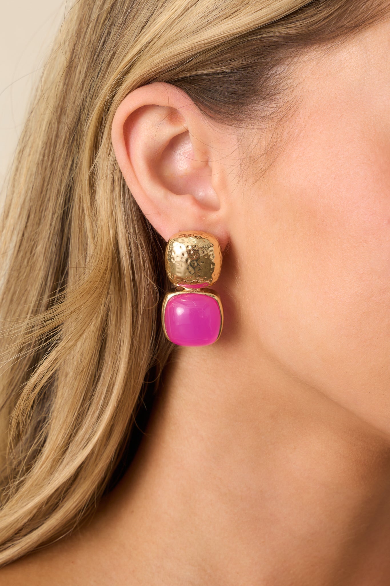 Blissful Days Pink Stone Gold Textured Drop Earrings