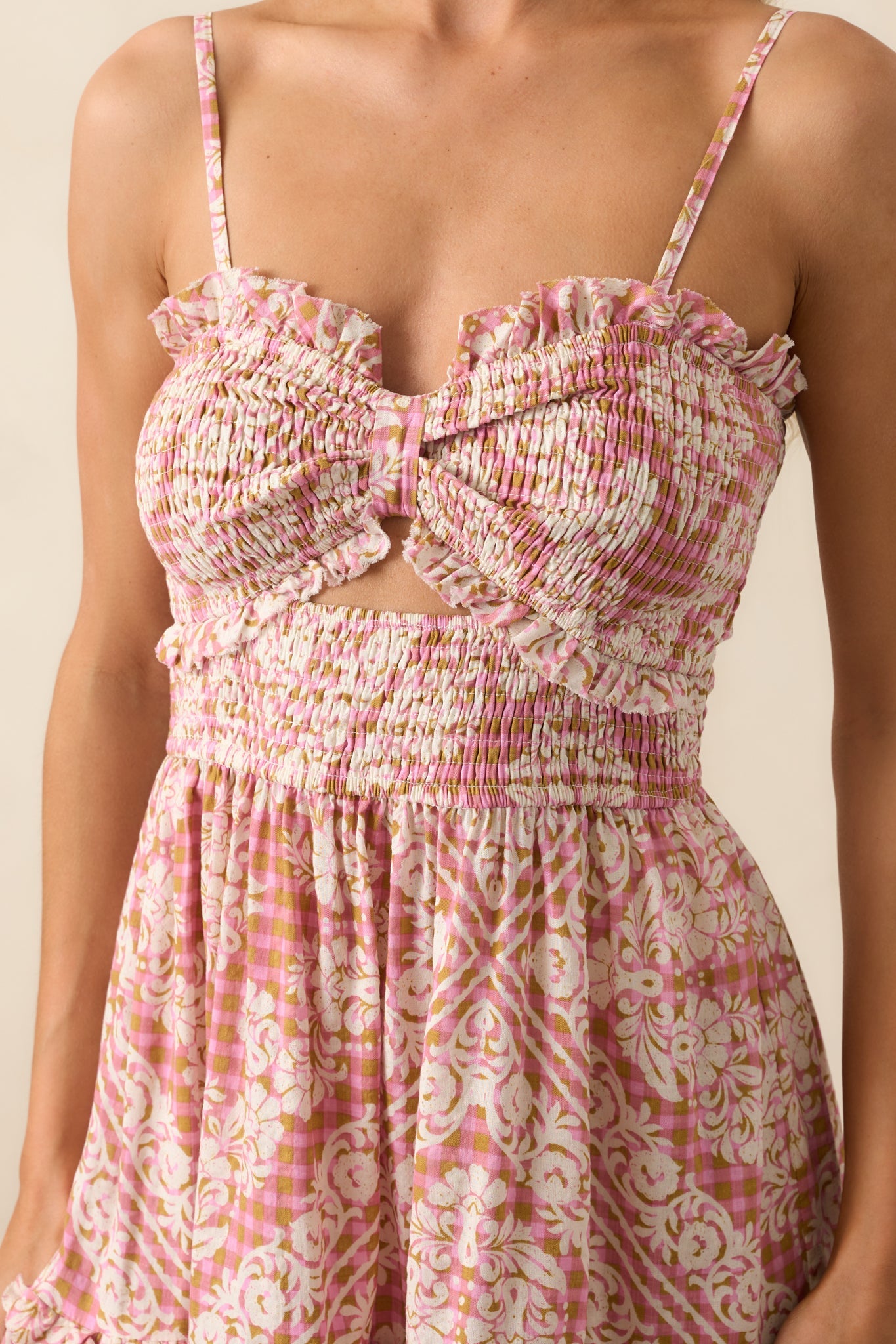 In The Best Way Rose Pink Floral Gingham Smocked Mini Dress
