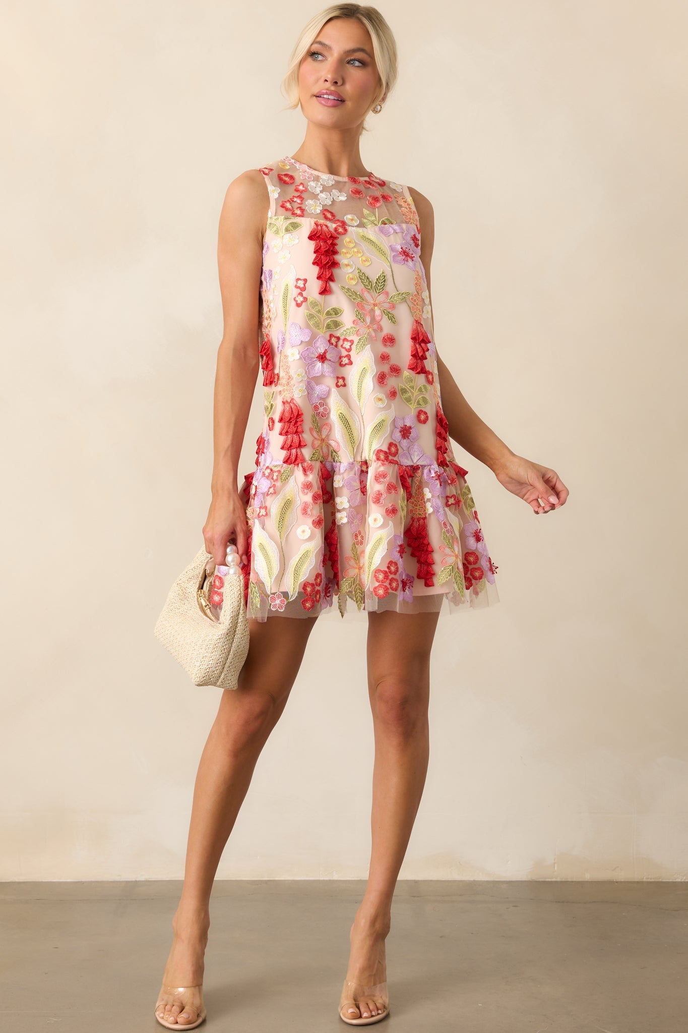Just Can't Help It Pink Floral Embroidered Sleeveless Mini Dress