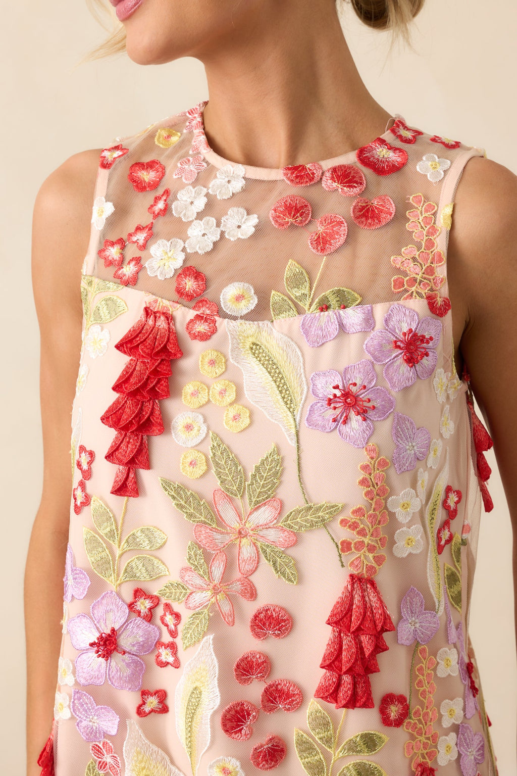 Just Can't Help It Pink Floral Embroidered Sleeveless Mini Dress
