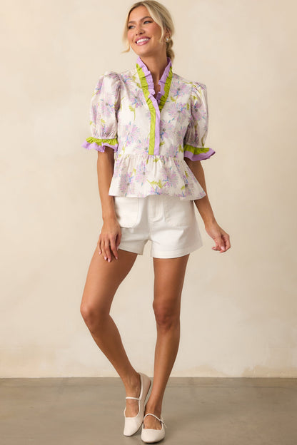 Happiness Is Homemade Lavender Floral Cotton Peplum Top