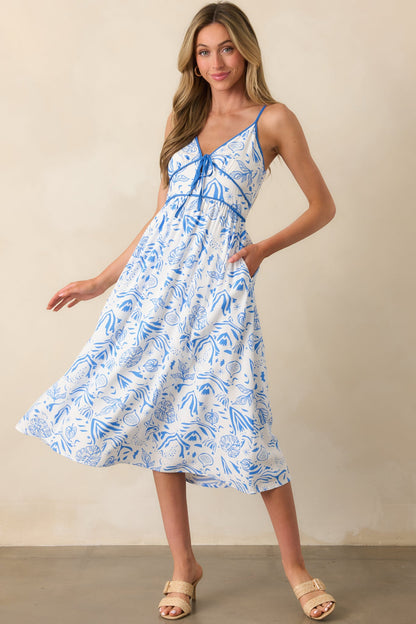 Drifting With The Wind Blue Tropical Print Midi Dress