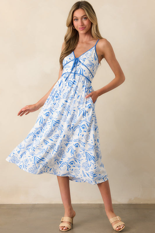 Drifting With The Wind Blue Tropical Print Midi Dress
