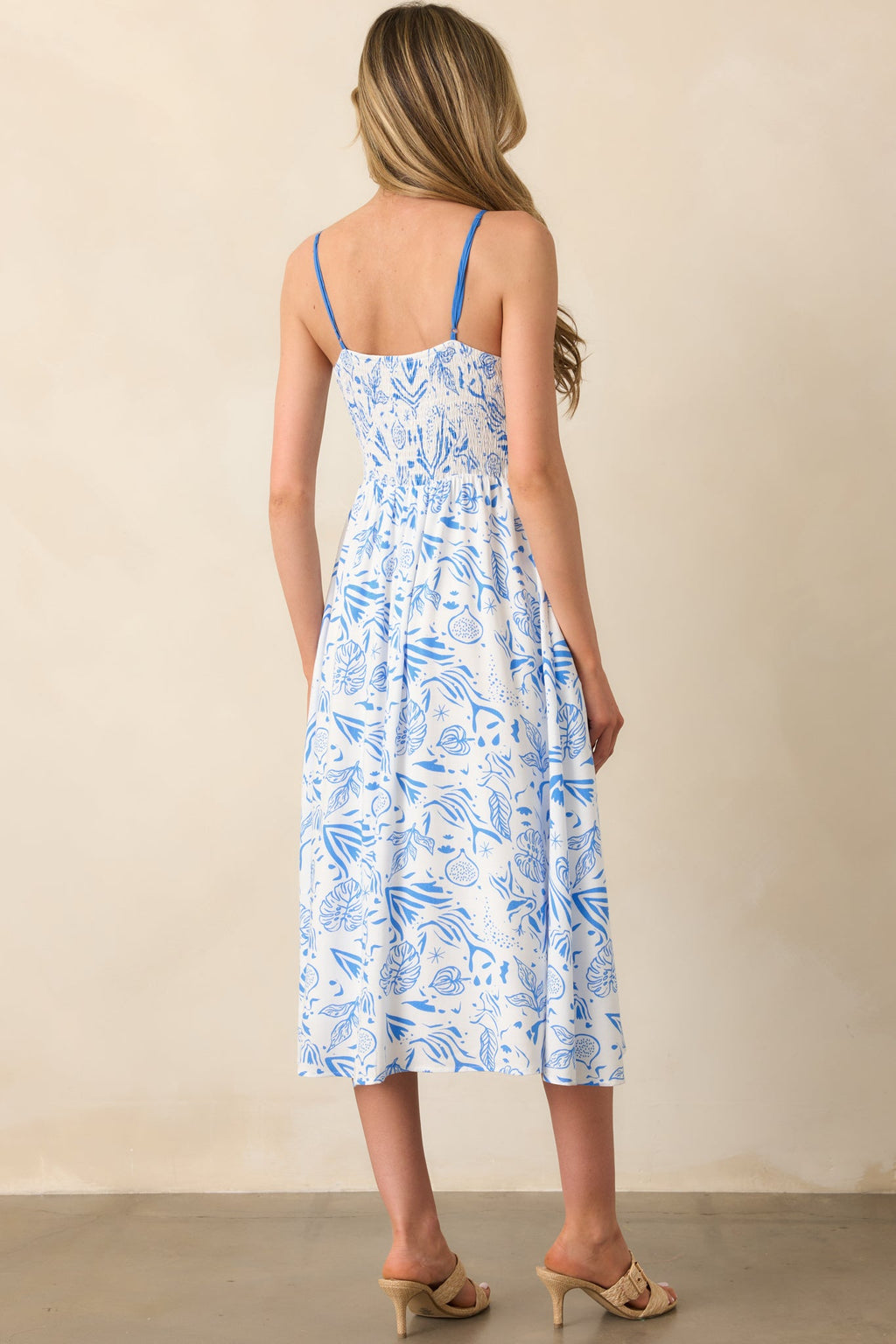 Drifting With The Wind Blue Tropical Print Midi Dress